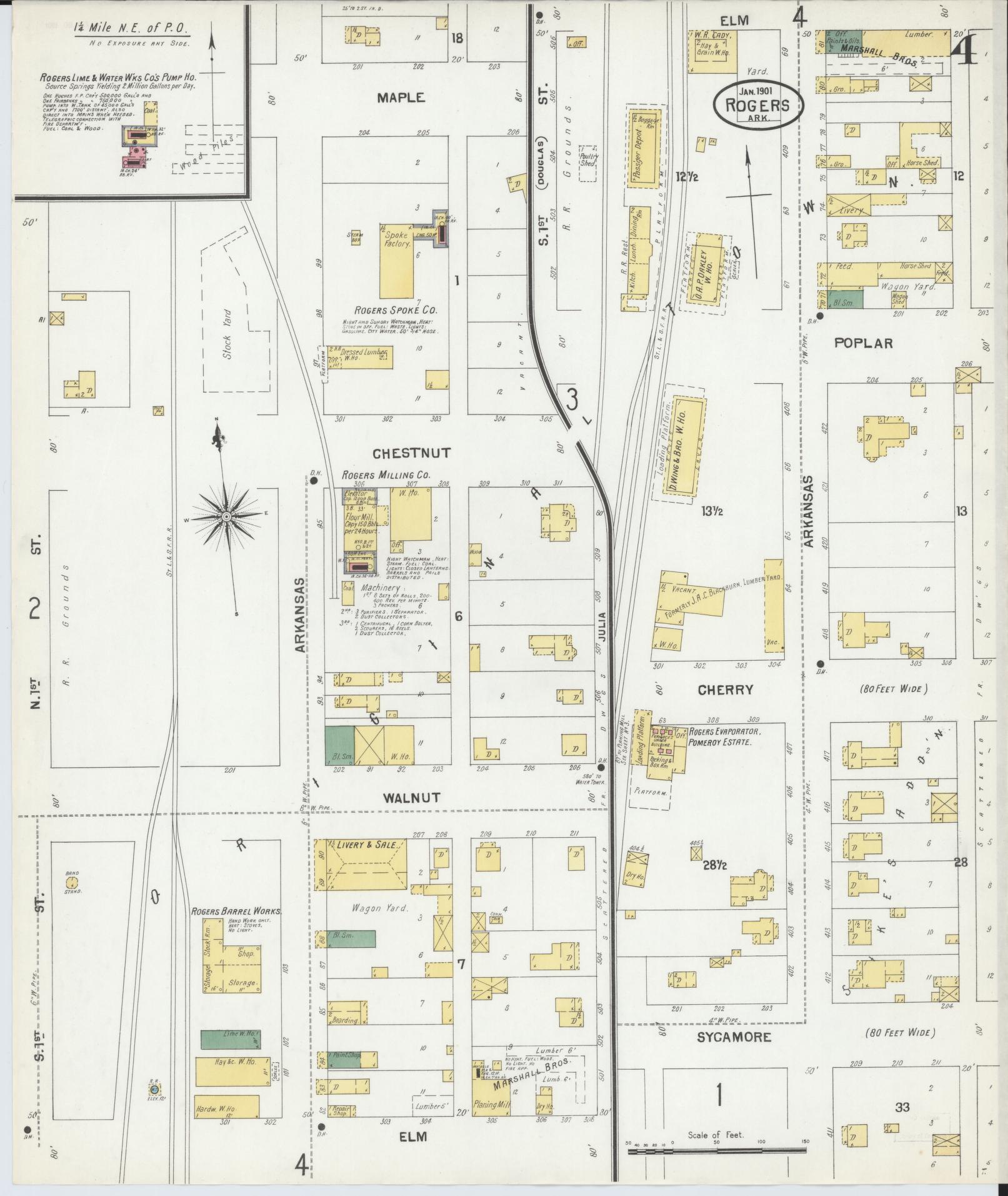 Sanborn Fire Insurance Map from Rogers, Benton County, Arkansas (1901), Sheet #0004 - Historic Sanborn Fire Insurance Map Print, vintage old map wall art, antique decor, genealogy gift, Arkansas Arkansas map
