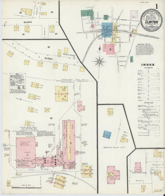 Sanborn Fire Insurance Map from Clinton, Laurens County, South Carolina (1906), Sheet #0001 - Complete Map Set gallery image, historic Sanborn map, vintage wall art, South Carolina South Carolina
