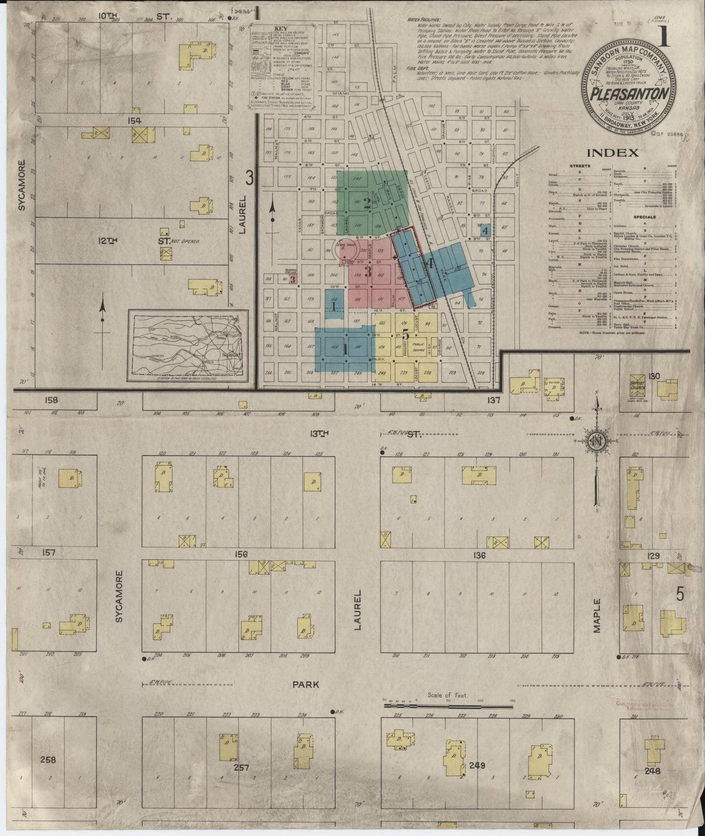 Sanborn Fire Insurance Map from Pleasanton, Linn County, Kansas (1913), Sheet #0001 - Complete Map Set gallery image, historic Sanborn map, vintage wall art, Kansas Kansas