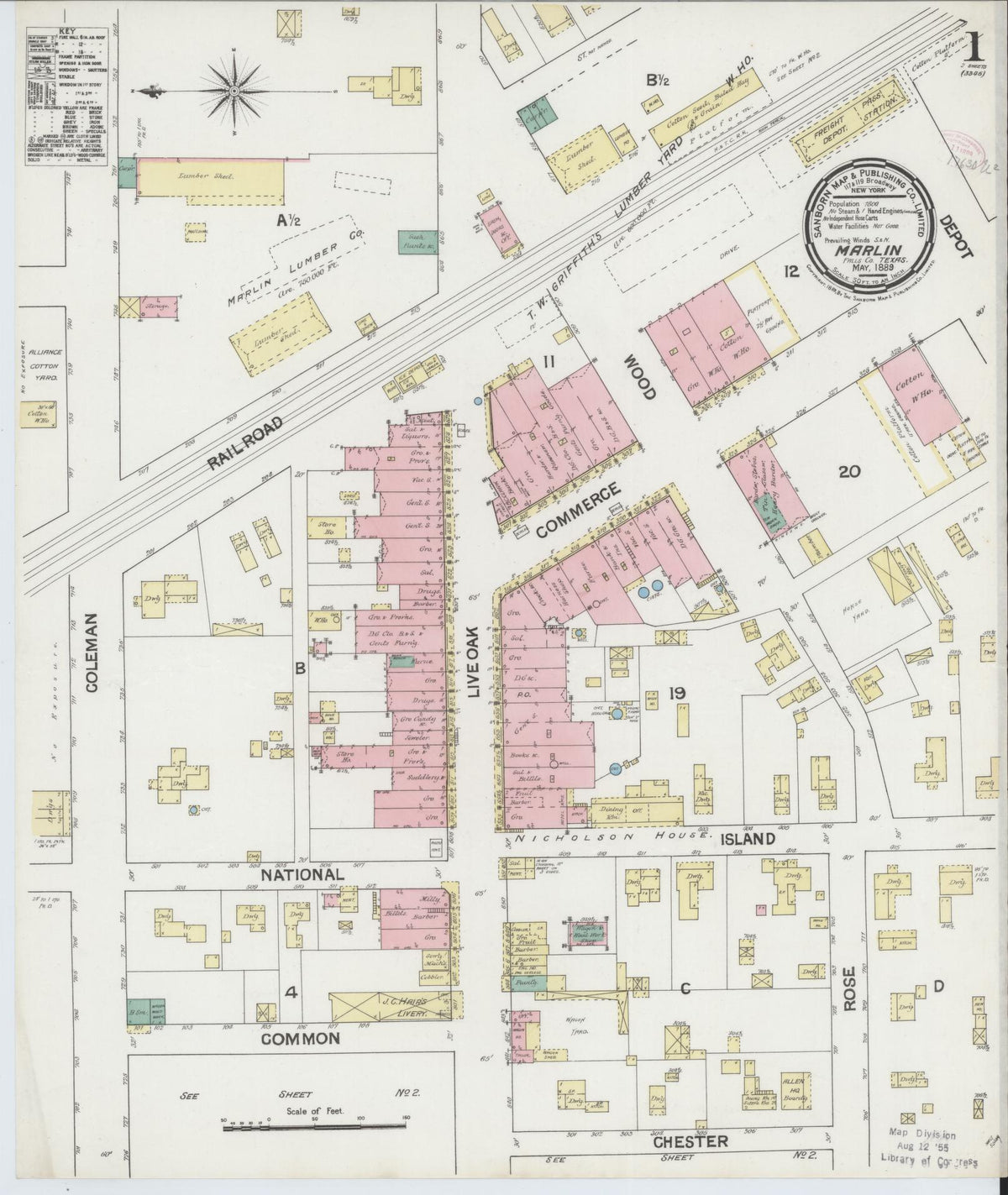 Sanborn Fire Insurance Map from Marlin, Falls County, Texas (1889), Sheet #0001 - Historic Sanborn Fire Insurance Map Print, vintage old map wall art, antique decor, genealogy gift, Texas Texas map