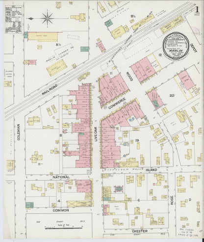 Sanborn Fire Insurance Map from Marlin, Falls County, Texas (1889), Sheet #0001 - Historic Sanborn Fire Insurance Map Print, vintage old map wall art, antique decor, genealogy gift, Texas Texas map