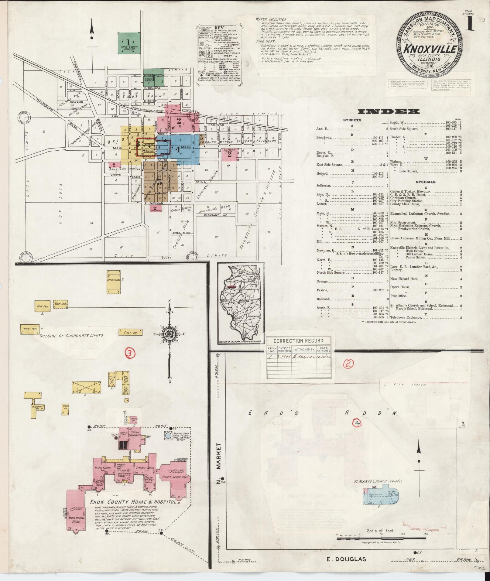 Sanborn Fire Insurance Map from Knoxville, Knox County, Illinois (1944), Sheet #0001 - Complete Map Set gallery image, historic Sanborn map, vintage wall art, Illinois Illinois