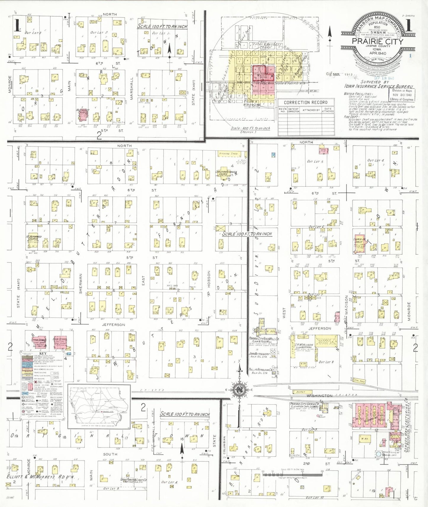 Sanborn Fire Insurance Map from Prairie City, Jasper County, Iowa (1940), Sheet #0001 - Historic Sanborn Fire Insurance Map Print, vintage old map wall art