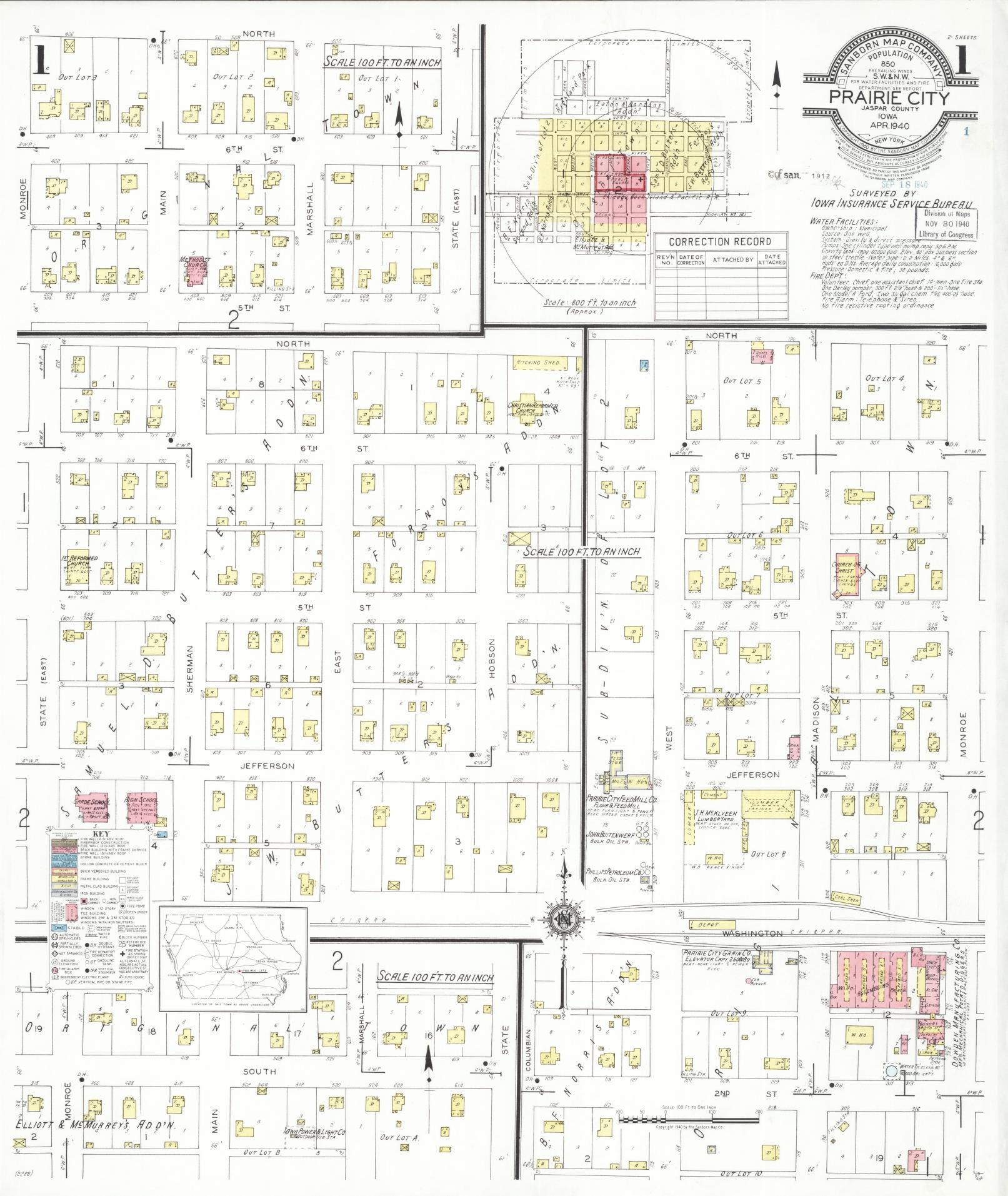 Sanborn Fire Insurance Map from Prairie City, Jasper County, Iowa (1940), Sheet #0001 - Historic Sanborn Fire Insurance Map Print, vintage old map wall art
