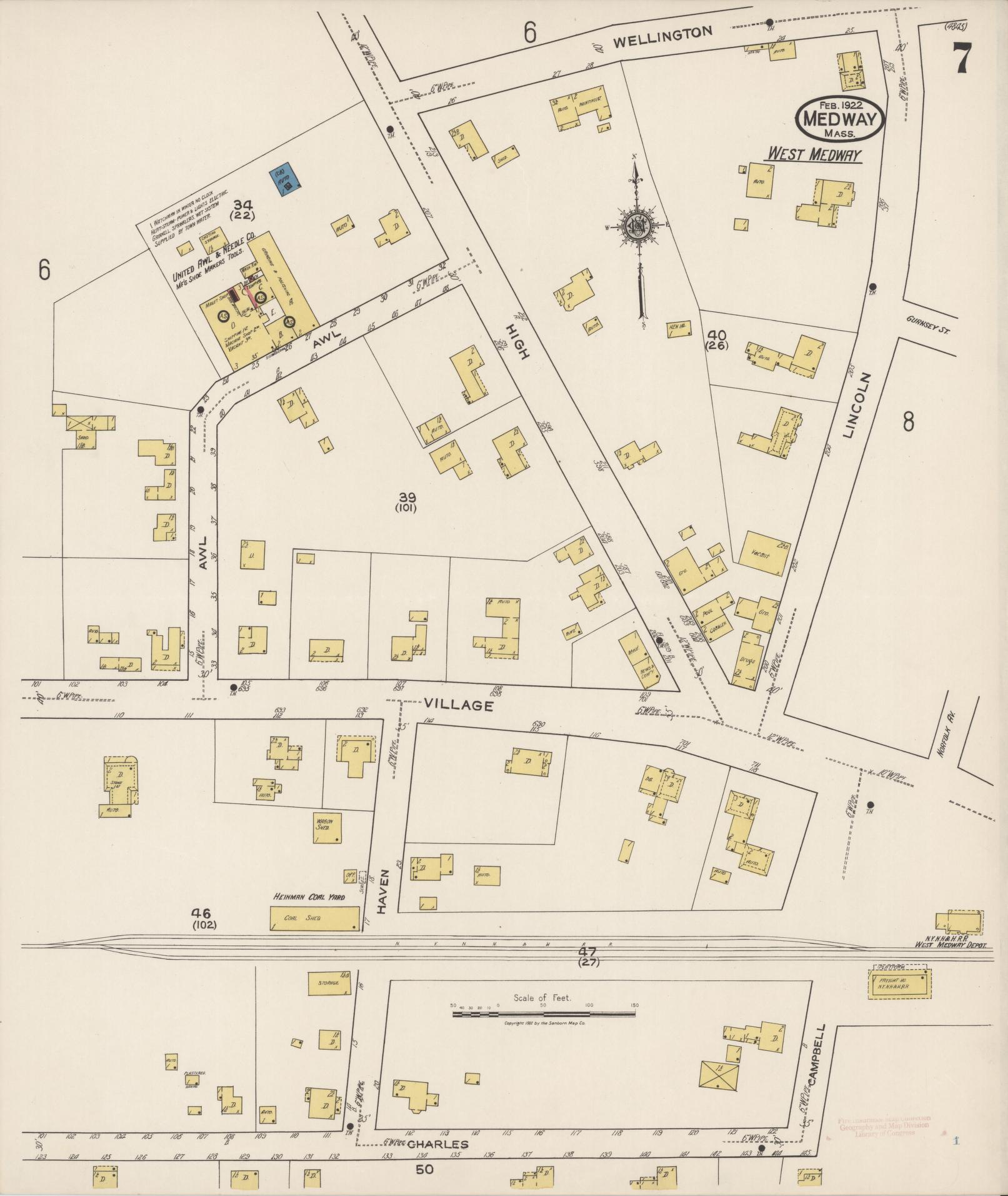 Sanborn Fire Insurance Map from Medway, Norfolk County, Massachusetts (1922), Sheet #0007 - Historic Sanborn Fire Insurance Map Print, vintage old map wall art, antique decor, genealogy gift, Massachusetts Massachusetts map