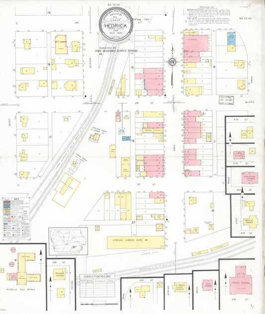 Sanborn Fire Insurance Map from Hedrick, Keokuk County, Iowa (1933), Sheet #0001 - Historic Sanborn Fire Insurance Map Print, vintage old map wall art
