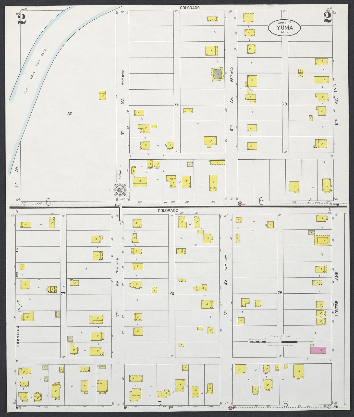 Sanborn Fire Insurance Map from Yuma, Yuma County, Arizona (1927), Sheet #0002 - Historic Sanborn Fire Insurance Map Print, vintage old map wall art, antique decor, genealogy gift, Arizona Arizona map