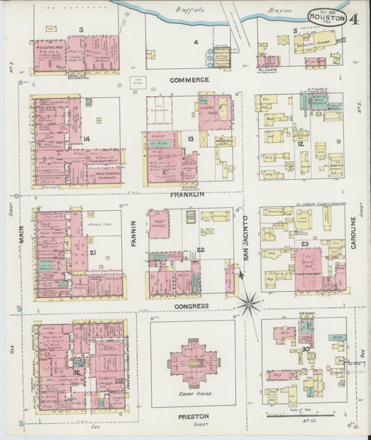 Sanborn Fire Insurance Map from Houston, Harris County, Texas (1890), Sheet #0004 - Historic Sanborn Fire Insurance Map Print, vintage old map wall art, antique decor, genealogy gift, Texas Texas map