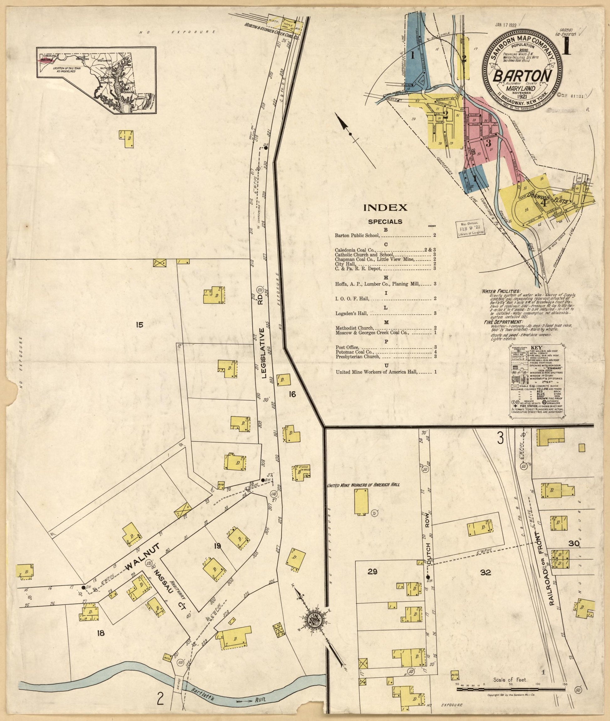 Sanborn Fire Insurance Map from Barton, Allegany County, Maryland (1921), Sheet #0001 - Historic Sanborn Fire Insurance Map Print, vintage old map wall art, antique decor, genealogy gift, Maryland Maryland map