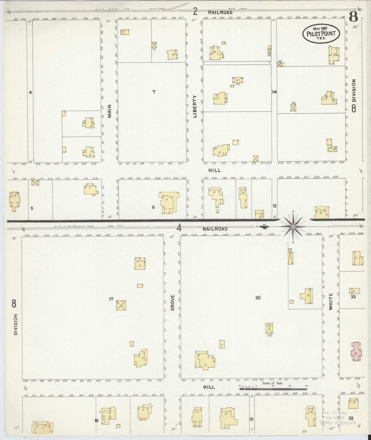 Sanborn Fire Insurance Map from Pilot Point, Denton County, Texas (1907), Sheet #0008 - Complete Map Set gallery image, historic Sanborn map, vintage wall art, Texas Texas