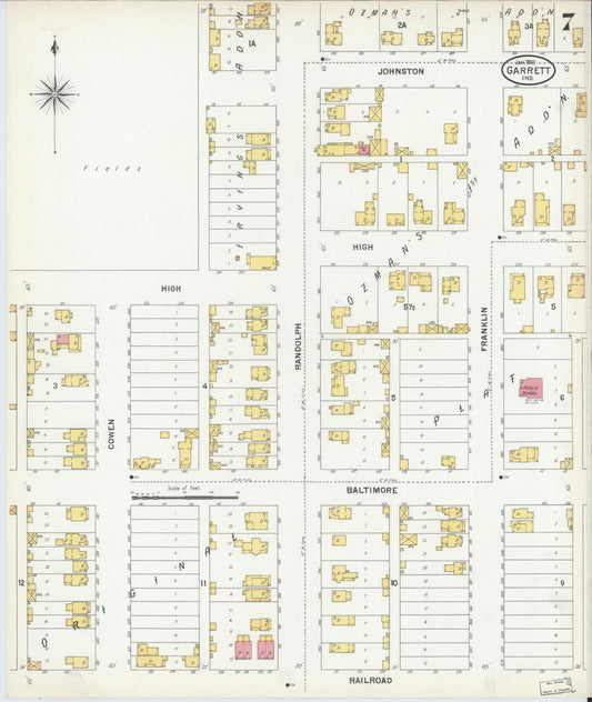 Sanborn Fire Insurance Map from Garrett, De Kalb County, Indiana (1901), Sheet #0007 - Historic Sanborn Fire Insurance Map Print, vintage old map wall art, antique decor, genealogy gift, Indiana Indiana map