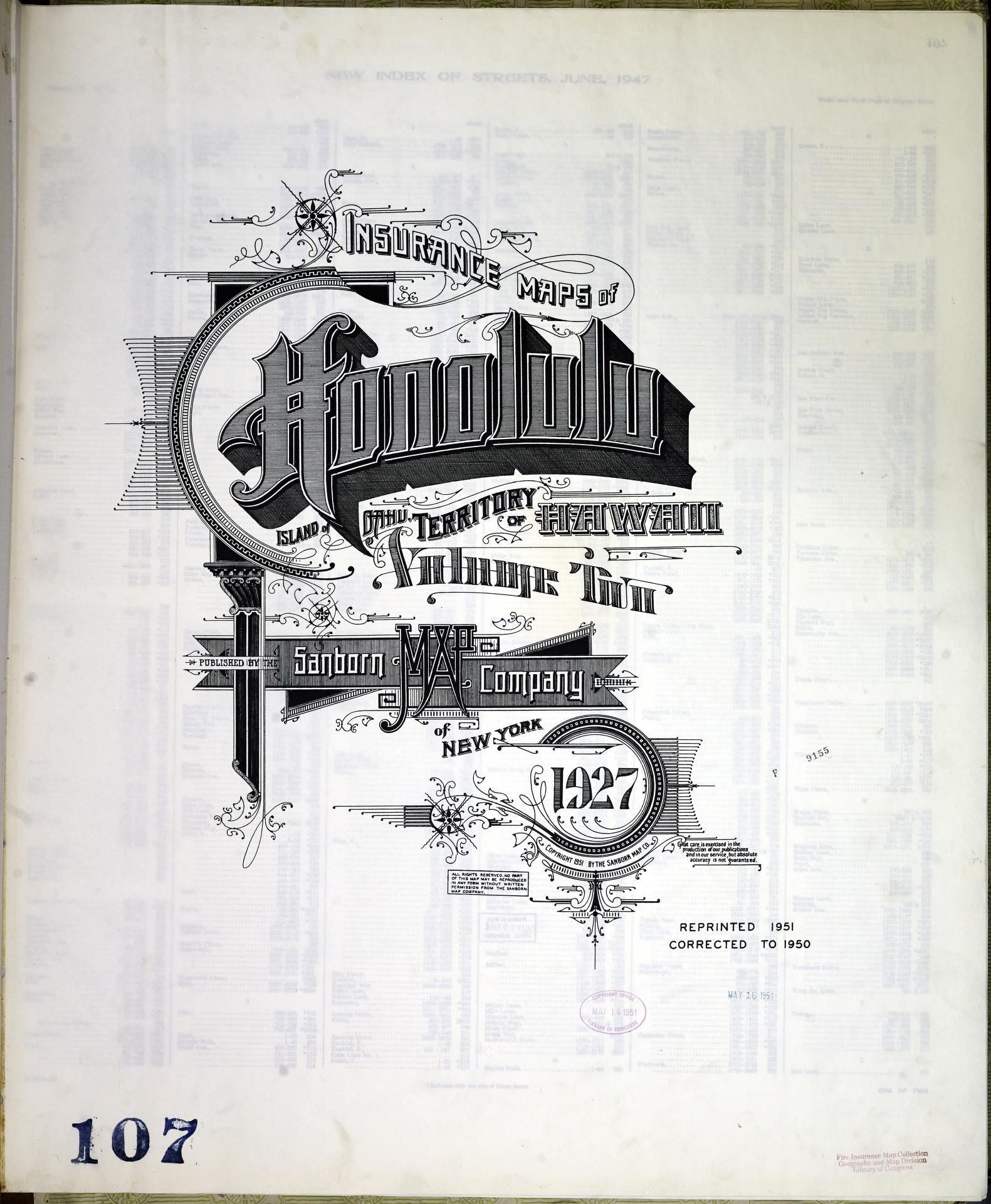 Sanborn Fire Insurance Map from Honolulu, Oahu County, Hawaii (1951), Sheet #0001 - Historic Sanborn Fire Insurance Map Print