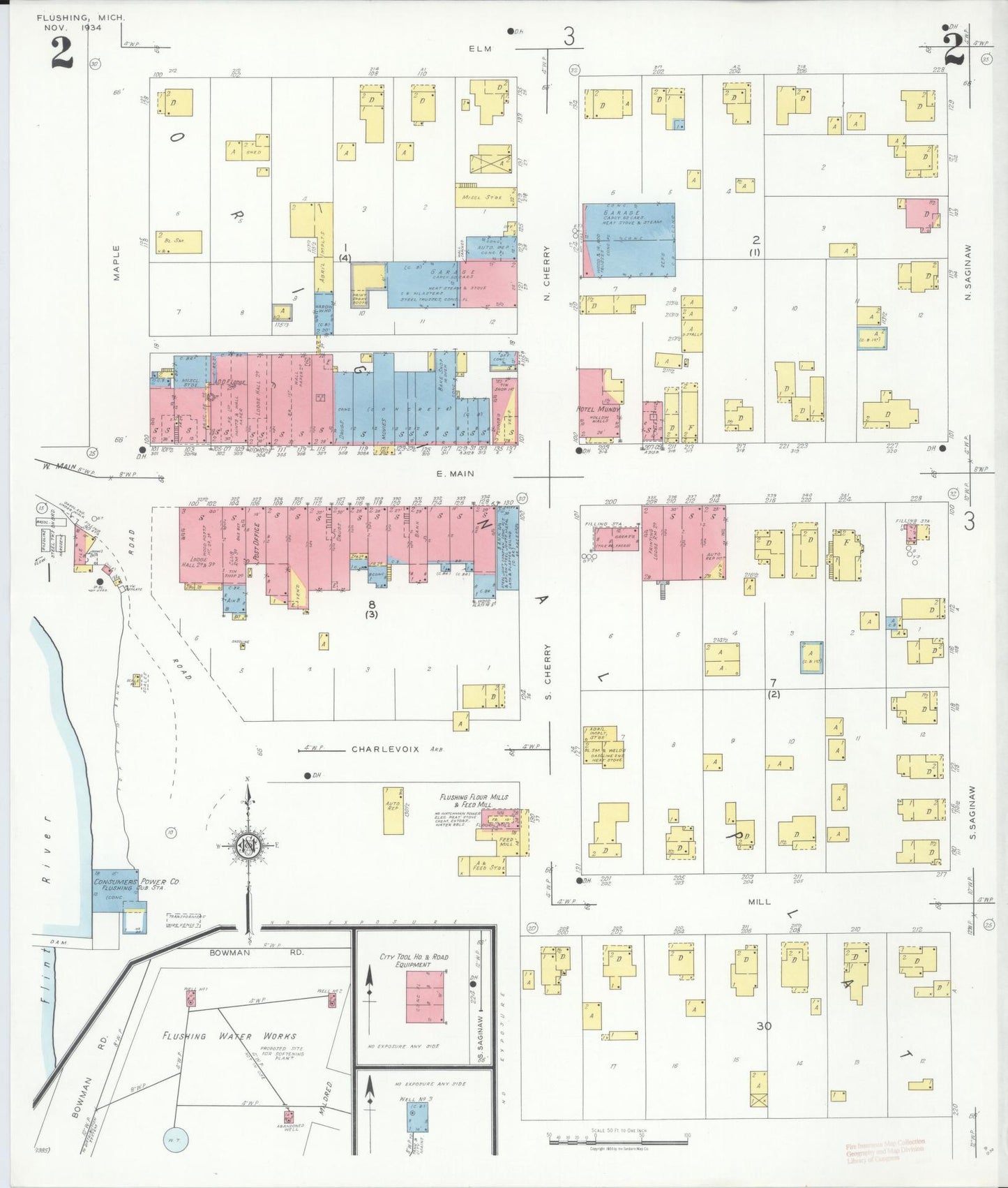 Sanborn Fire Insurance Map from Flushing, Genesee County, Michigan (1934), Sheet #0002 - Complete Map Set gallery image, historic Sanborn map, vintage wall art, Michigan Michigan