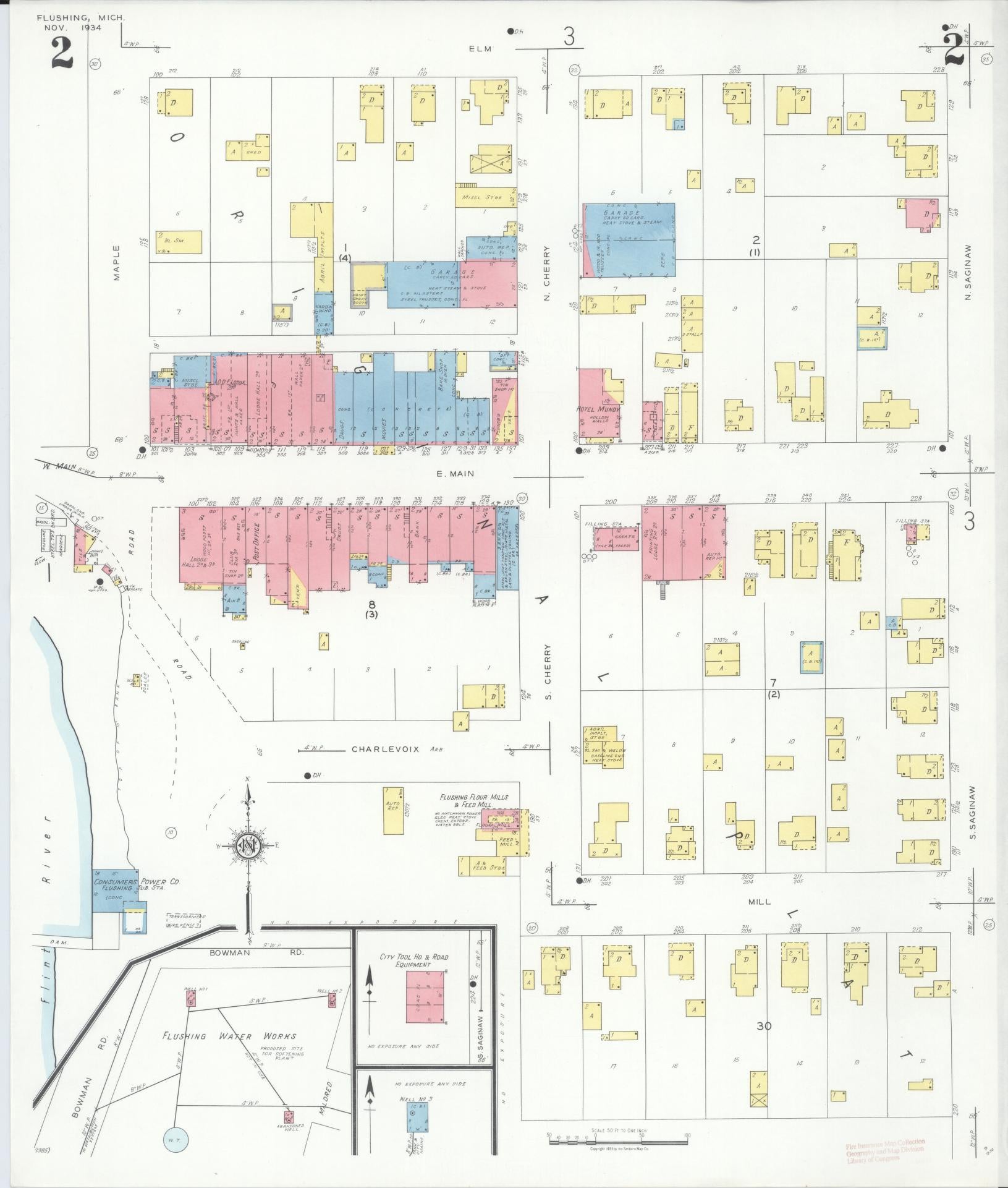 Sanborn Fire Insurance Map from Flushing, Genesee County, Michigan (1934), Sheet #0002 - Complete Map Set gallery image, historic Sanborn map, vintage wall art, Michigan Michigan
