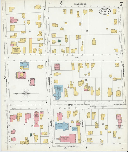 Sanborn Fire Insurance Map from Albion, Orleans County, New York (1900), Sheet #0007 - Historic Sanborn Fire Insurance Map Print, vintage old map wall art, antique decor, genealogy gift, New York New York map