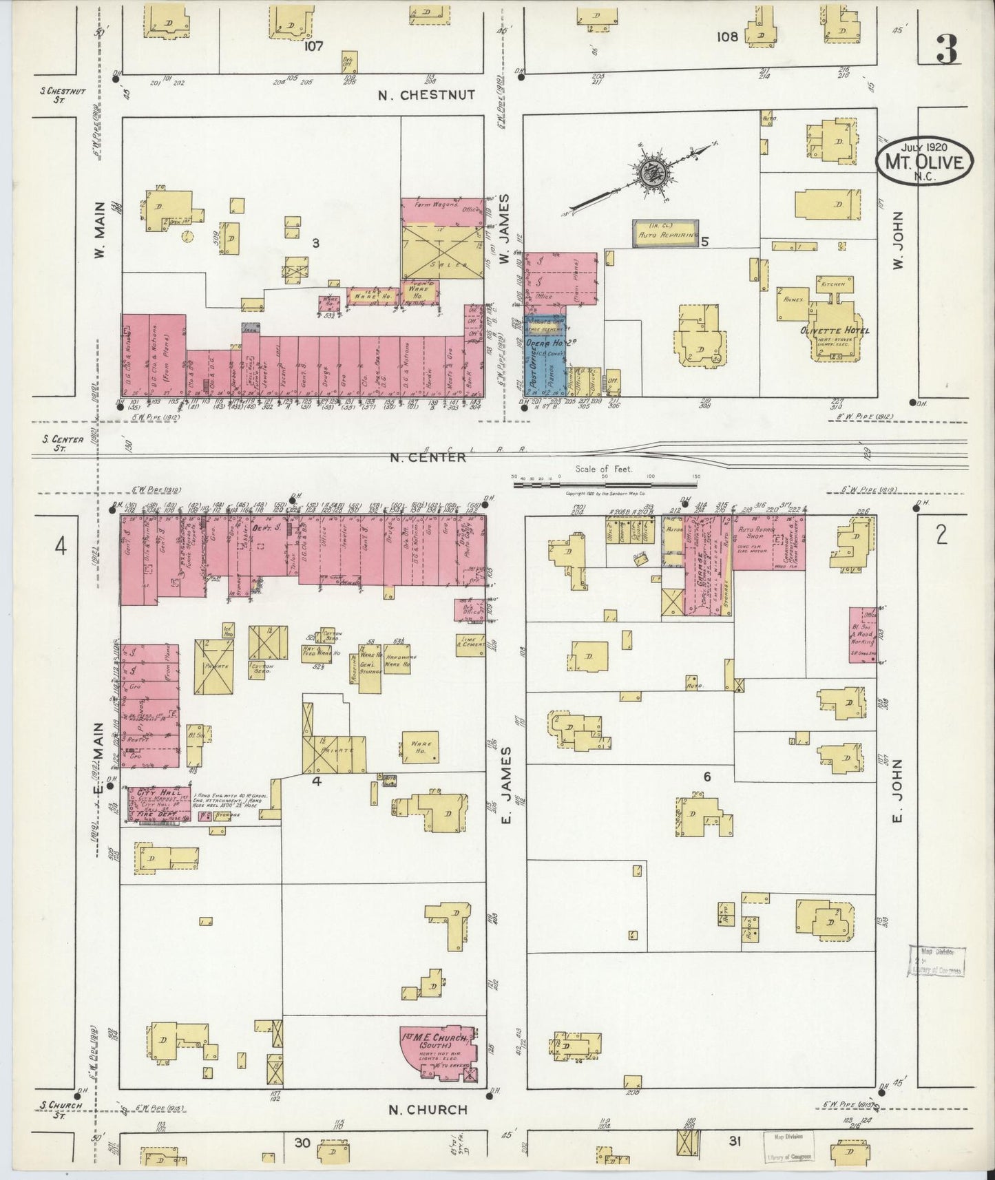 Sanborn Fire Insurance Map from Mount Olive, Wayne County, North Carolina (1920), Sheet #0003 - Complete Map Set gallery image, historic Sanborn map, vintage wall art, North Carolina North Carolina