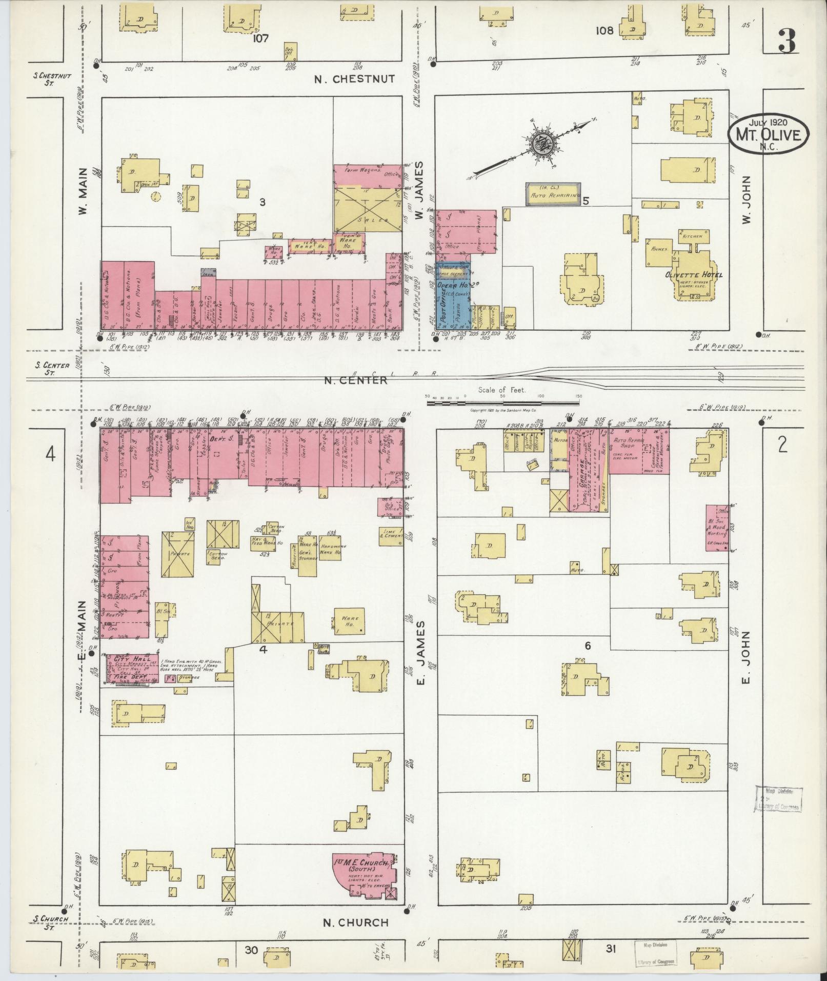 Sanborn Fire Insurance Map from Mount Olive, Wayne County, North Carolina (1920), Sheet #0003 - Complete Map Set gallery image, historic Sanborn map, vintage wall art, North Carolina North Carolina