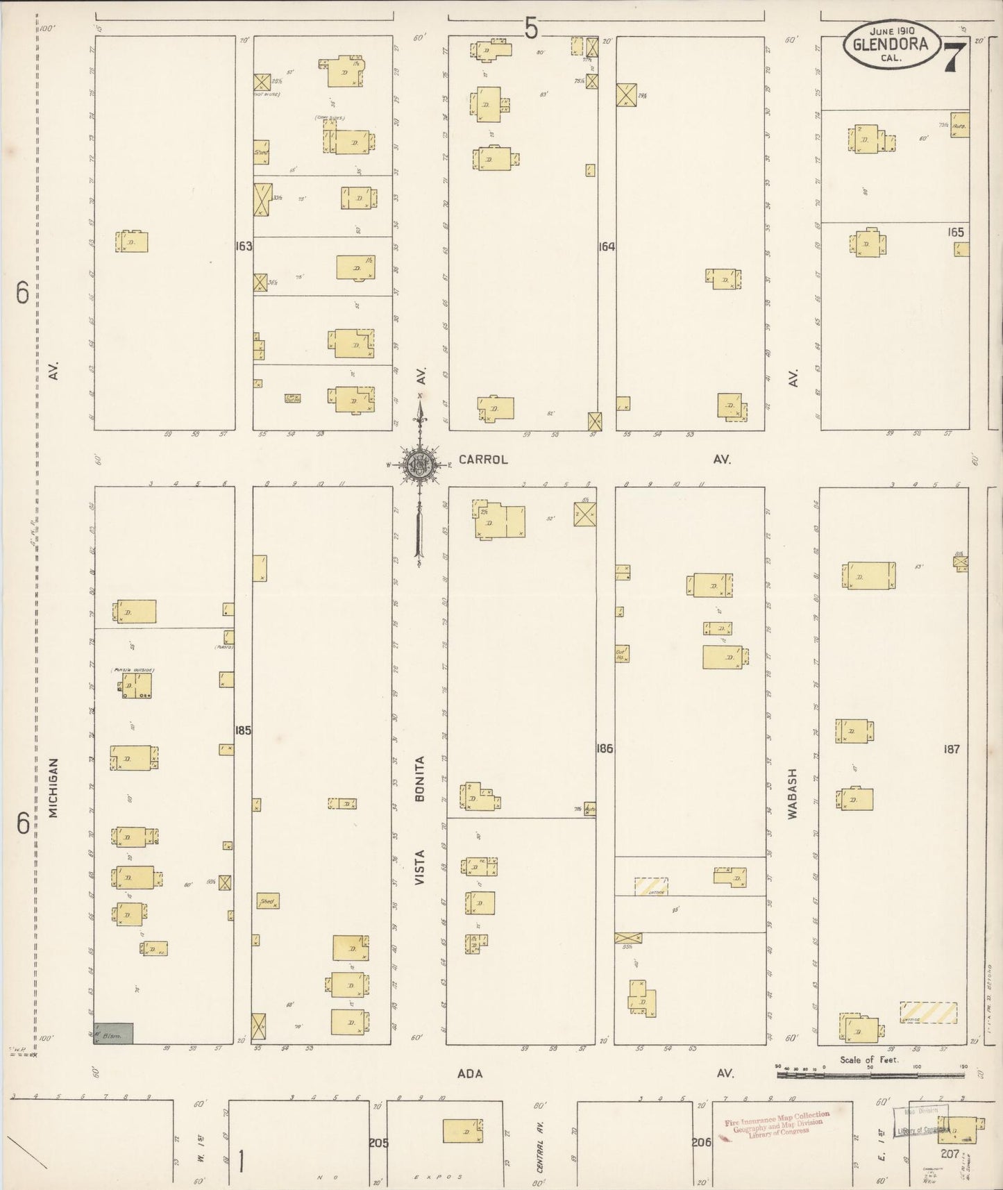 Sanborn Fire Insurance Map from Glendora, Los Angeles County, California (1910), Sheet #0007 - Complete Map Set gallery image, historic Sanborn map, vintage wall art, California California