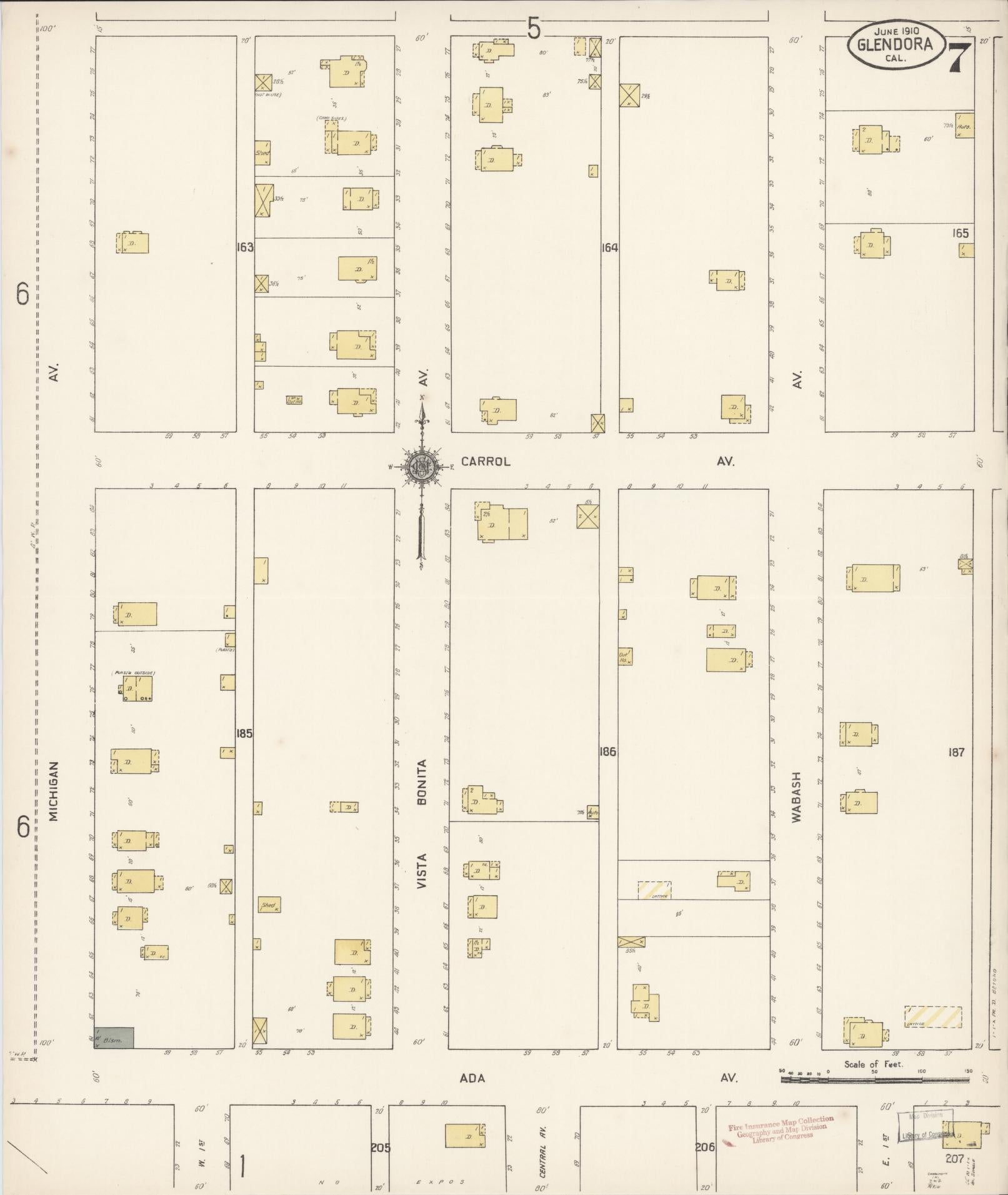 Sanborn Fire Insurance Map from Glendora, Los Angeles County, California (1910), Sheet #0007 - Complete Map Set gallery image, historic Sanborn map, vintage wall art, California California