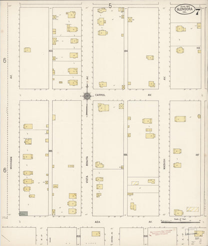 Sanborn Fire Insurance Map from Glendora, Los Angeles County, California (1910), Sheet #0007 - Complete Map Set gallery image, historic Sanborn map, vintage wall art, California California