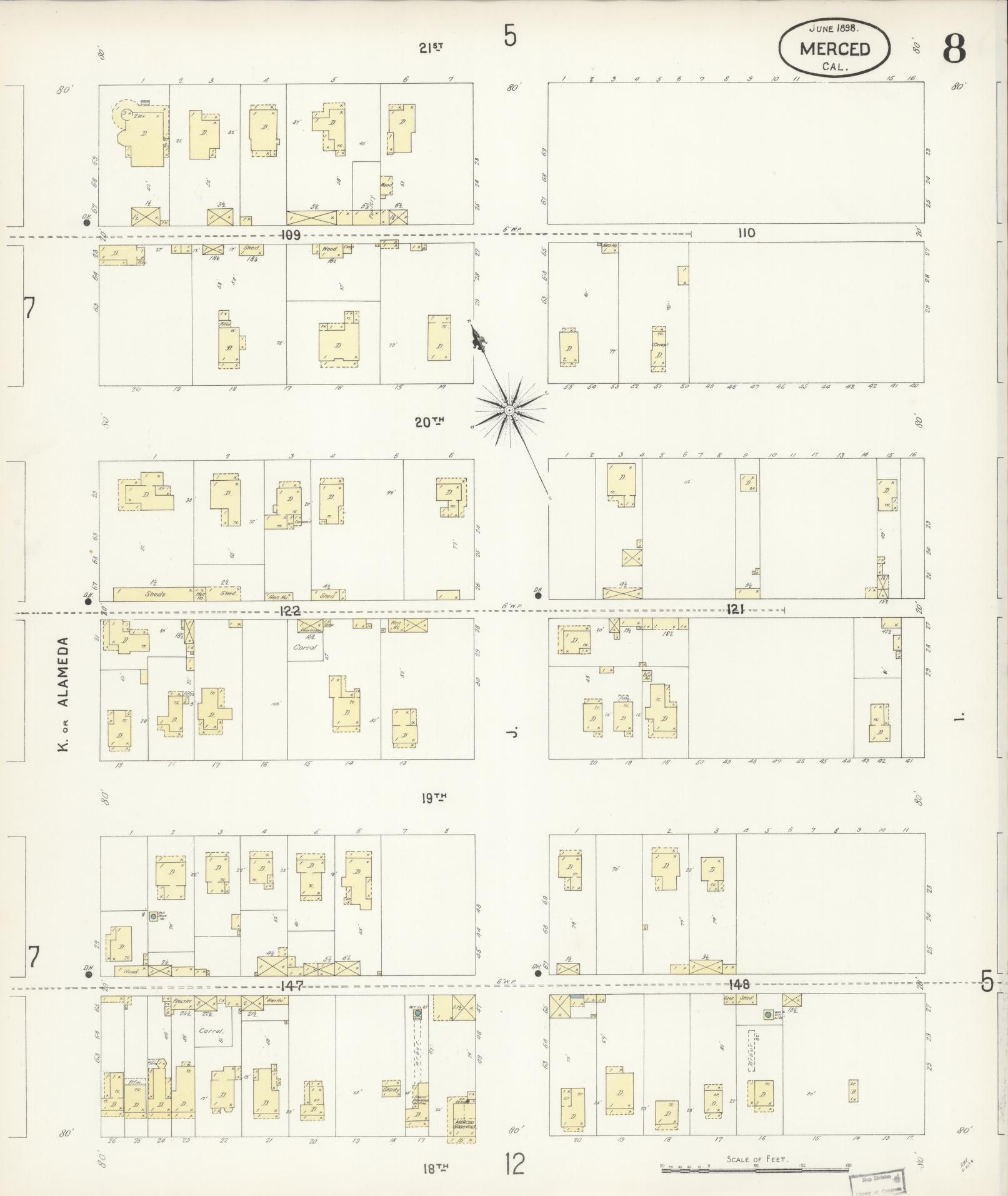 Sanborn Fire Insurance Map from Merced, Merced County, California (1898), Sheet #0008 - Historic Sanborn Fire Insurance Map Print, vintage old map wall art, antique decor, genealogy gift, California California map
