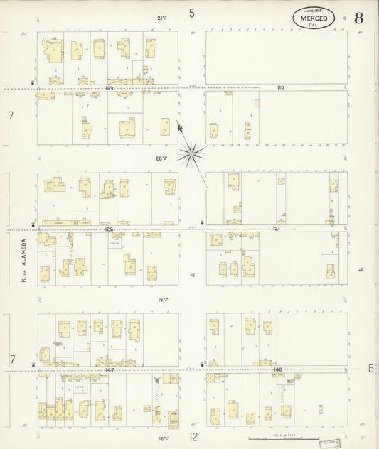 Sanborn Fire Insurance Map from Merced, Merced County, California (1898), Sheet #0008 - Historic Sanborn Fire Insurance Map Print, vintage old map wall art, antique decor, genealogy gift, California California map