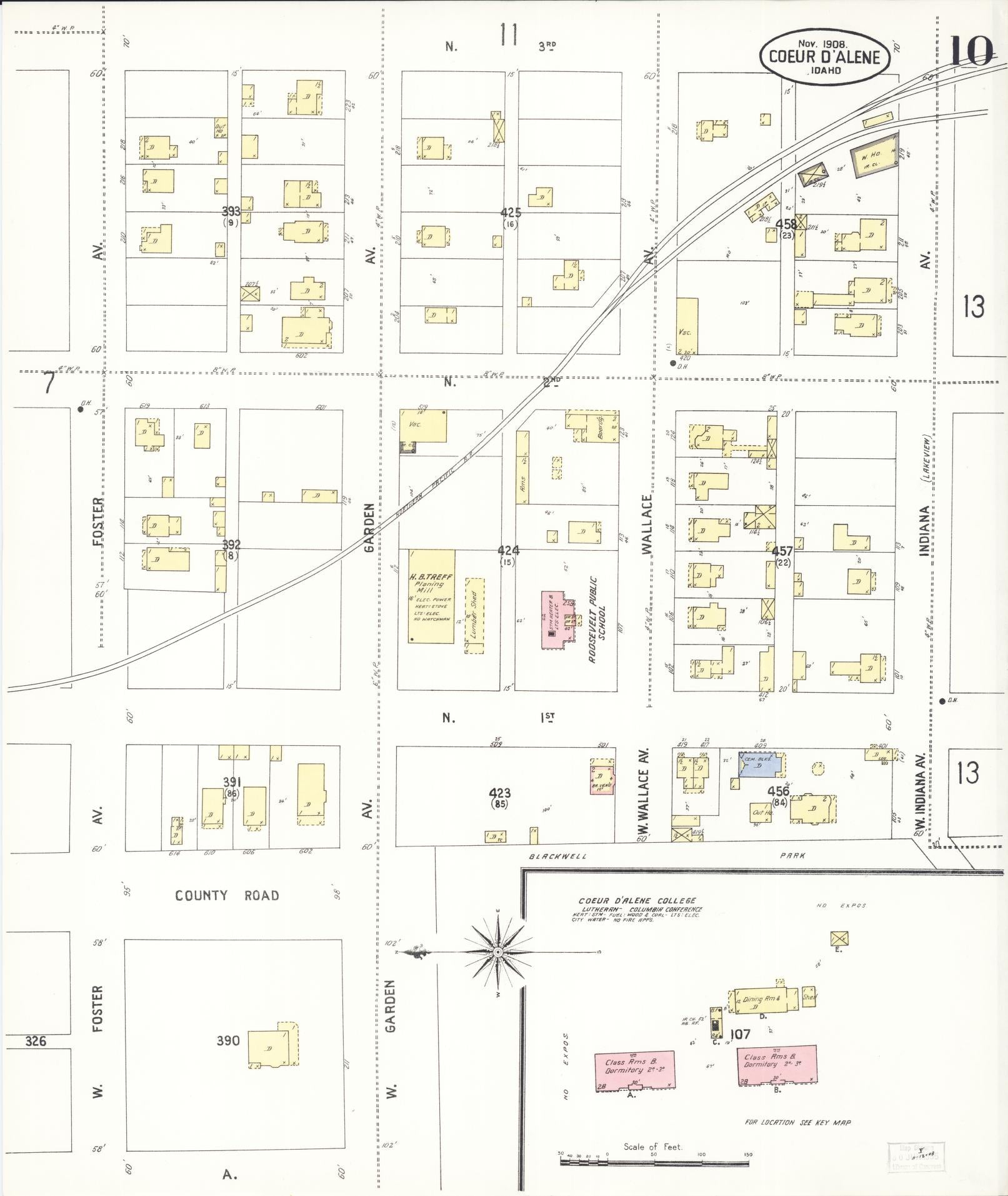 Sanborn Fire Insurance Map from Coeur D'alene, Kootenai County, Idaho (1908), Sheet #0010 - Historic Sanborn Fire Insurance Map Print, vintage old map wall art, antique decor, genealogy gift, Idaho Idaho map