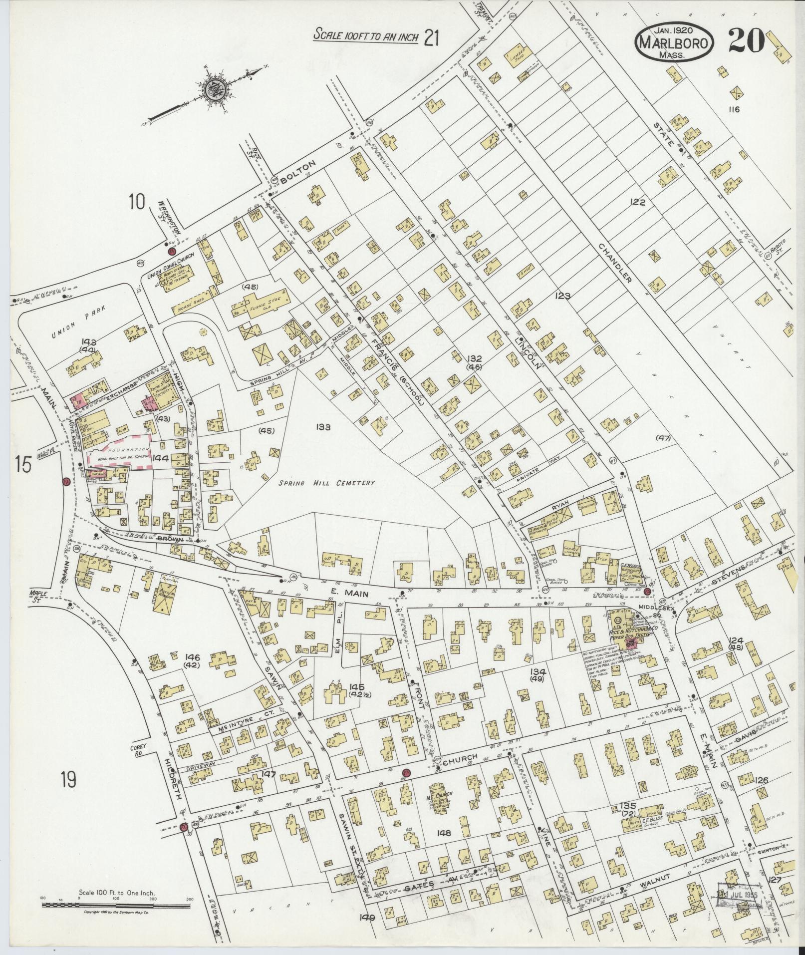 Sanborn Fire Insurance Map from Marlborough, Middlesex County, Massachusetts (1920), Sheet #0020 - Historic Sanborn Fire Insurance Map Print, vintage old map wall art, antique decor, genealogy gift, Massachusetts Massachusetts map