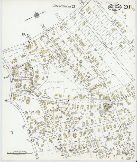 Sanborn Fire Insurance Map from Marlborough, Middlesex County, Massachusetts (1920), Sheet #0020 - Historic Sanborn Fire Insurance Map Print, vintage old map wall art, antique decor, genealogy gift, Massachusetts Massachusetts map