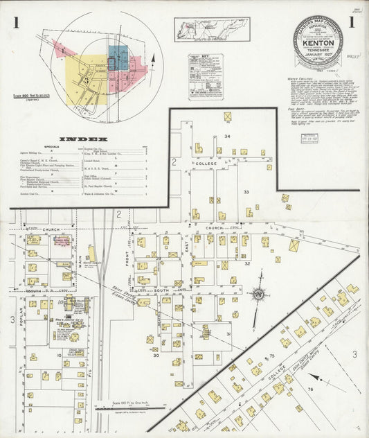 Sanborn Fire Insurance Map from Kenton, Obion And Gibson Counties, Tennessee (1927), Sheet #0001 - Historic Sanborn Fire Insurance Map Print, vintage old map wall art, antique decor, genealogy gift, Tennessee Tennessee map