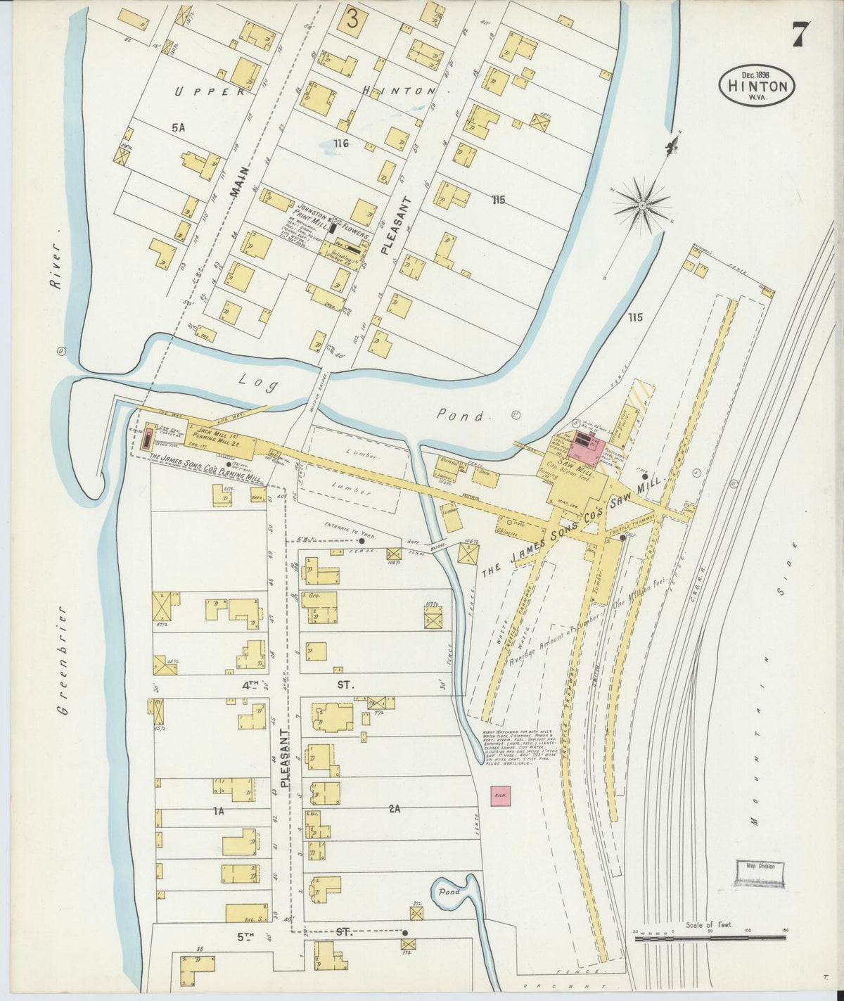 Sanborn Fire Insurance Map from Hinton, Summer County, West Virginia (1898), Sheet #0007 - Historic Sanborn Fire Insurance Map Print, vintage old map wall art, antique decor, genealogy gift, West Virginia West Virginia map