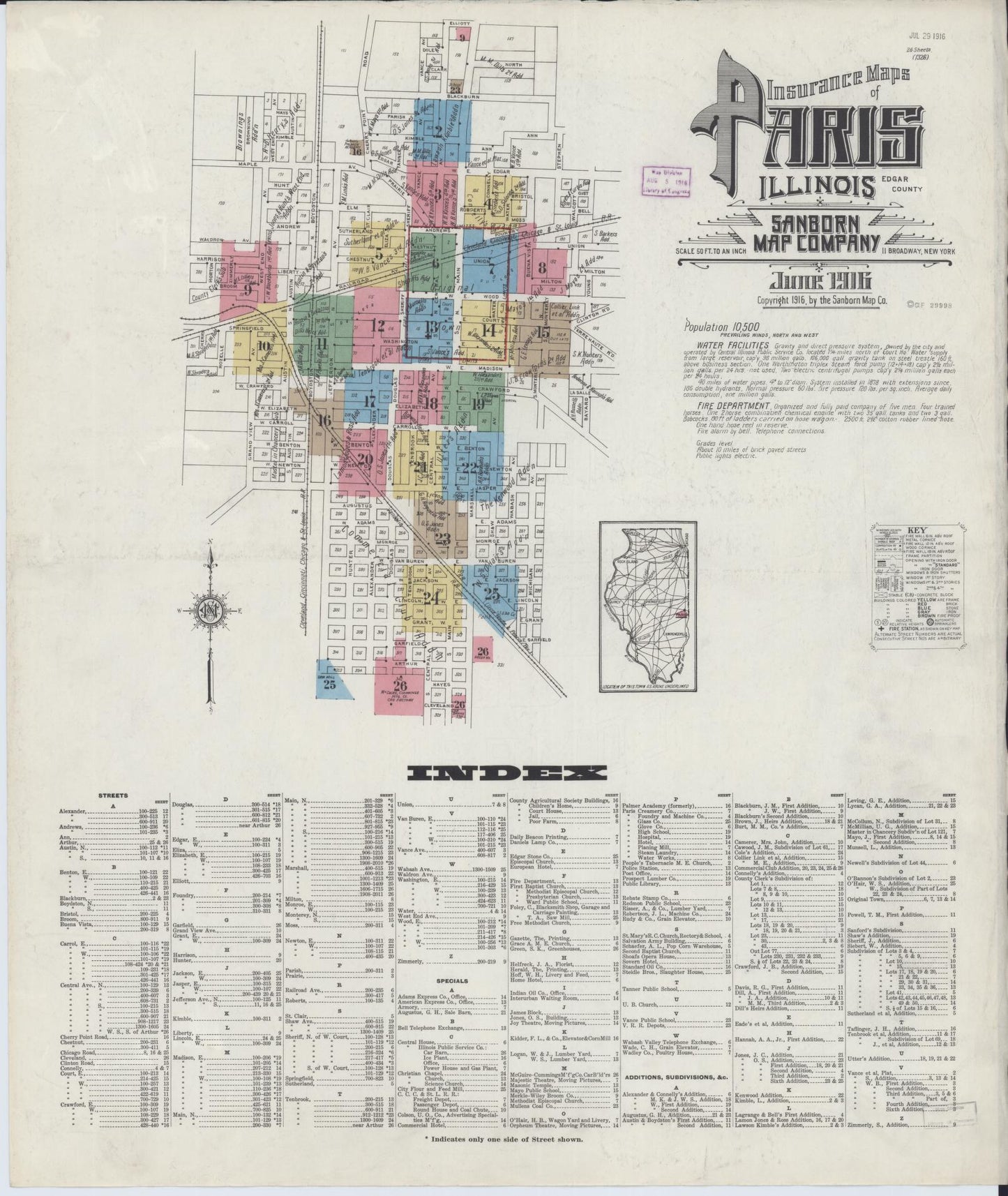 Sanborn Fire Insurance Map from Paris, Edgar County, Illinois (1916), Sheet #0001 - Historic Sanborn Fire Insurance Map Print, vintage old map wall art, antique decor, genealogy gift, Illinois Illinois map