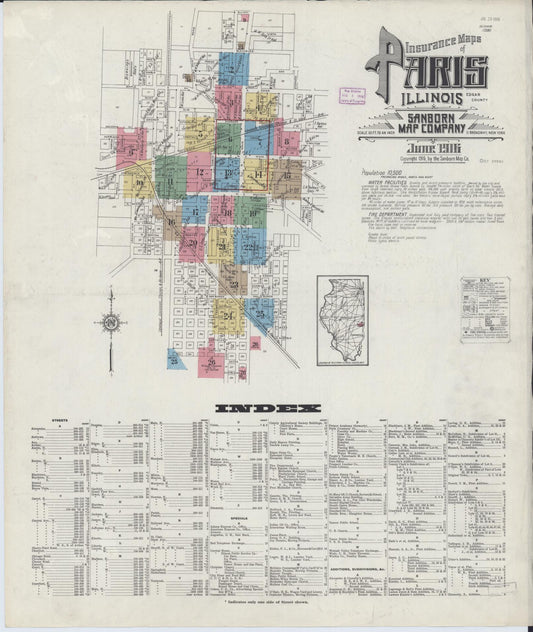 Sanborn Fire Insurance Map from Paris, Edgar County, Illinois (1916), Sheet #0001 - Historic Sanborn Fire Insurance Map Print, vintage old map wall art, antique decor, genealogy gift, Illinois Illinois map