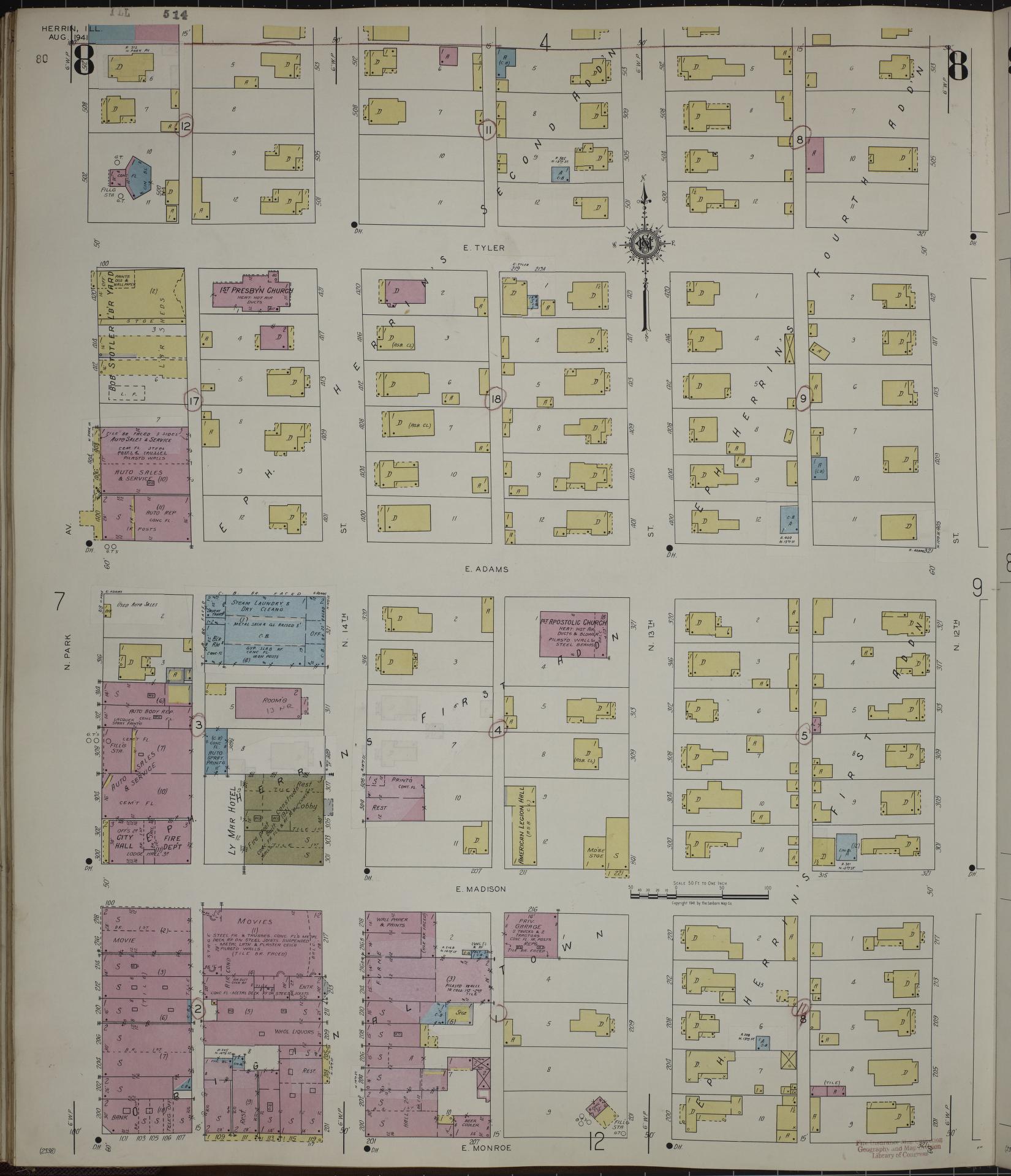 Sanborn Fire Insurance Map from Herrin, Williamson County, Illinois (1947), Sheet #0008 - Historic Sanborn Fire Insurance Map Print, vintage old map wall art, antique decor, genealogy gift, Illinois Illinois map