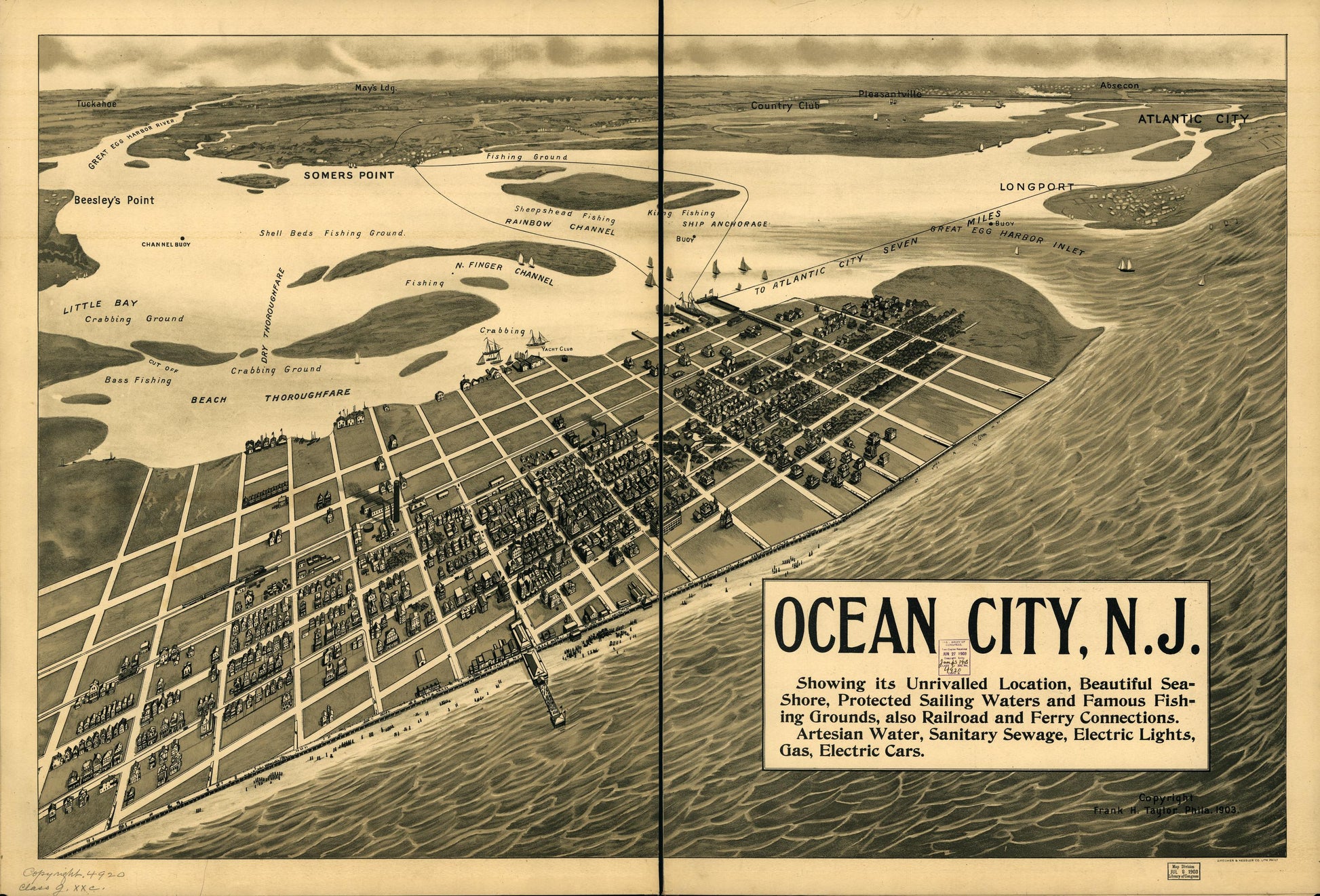 Ocean City, N.J. : showing its unrivalled location, beautiful sea-shore, protected sailing waters, and famous fishing grounds, also railroads and ferry connections, artesian water, sanitary sewage [sic], electric lights, gas, electric cars. (1903) – Historic Bird’s-Eye View Panorama Print