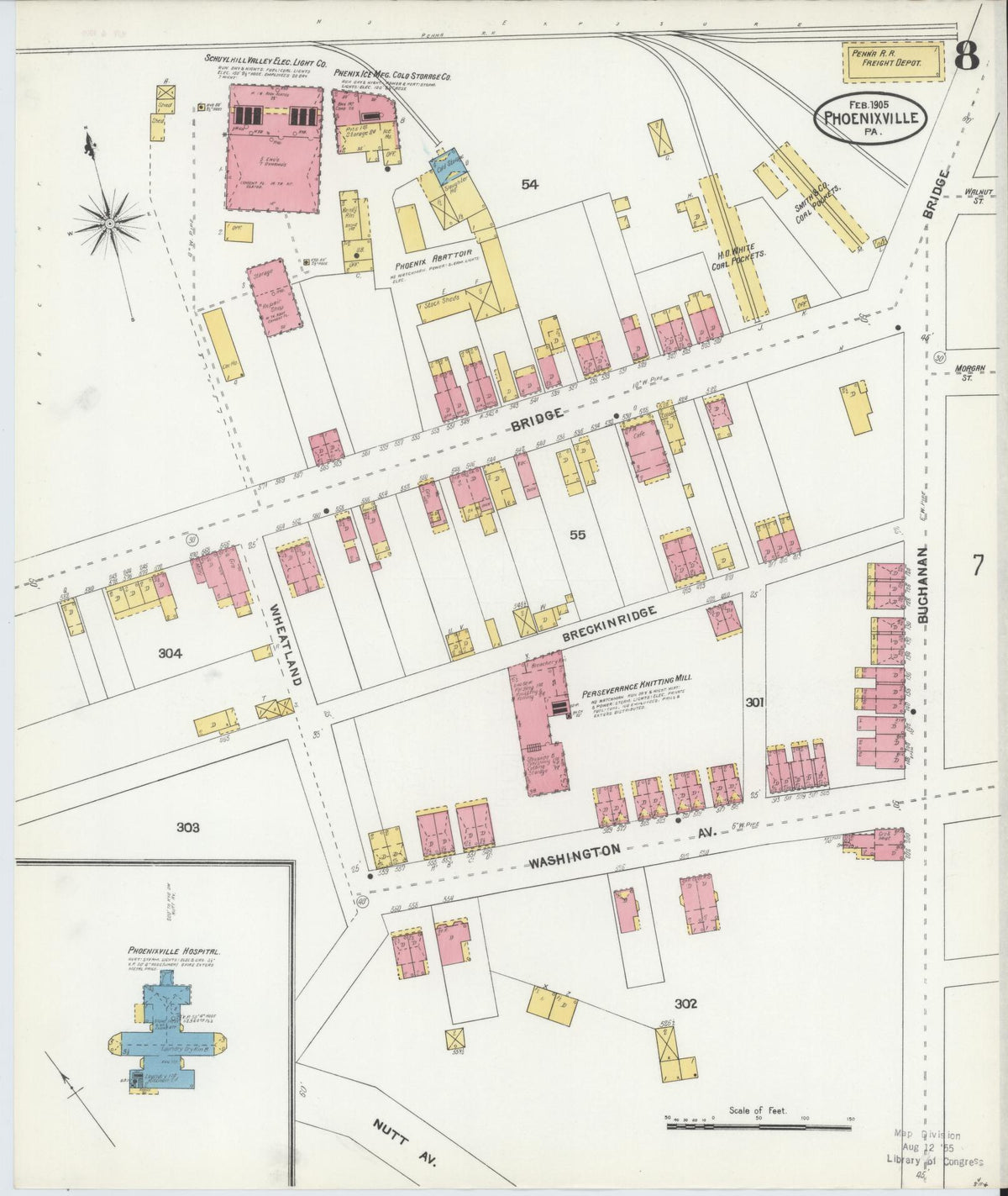 Sanborn Fire Insurance Map from Phoenixville, Chester County, Pennsylvania (1906), Sheet #0008 - Historic Sanborn Fire Insurance Map Print, vintage old map wall art, antique decor, genealogy gift, Pennsylvania Pennsylvania map