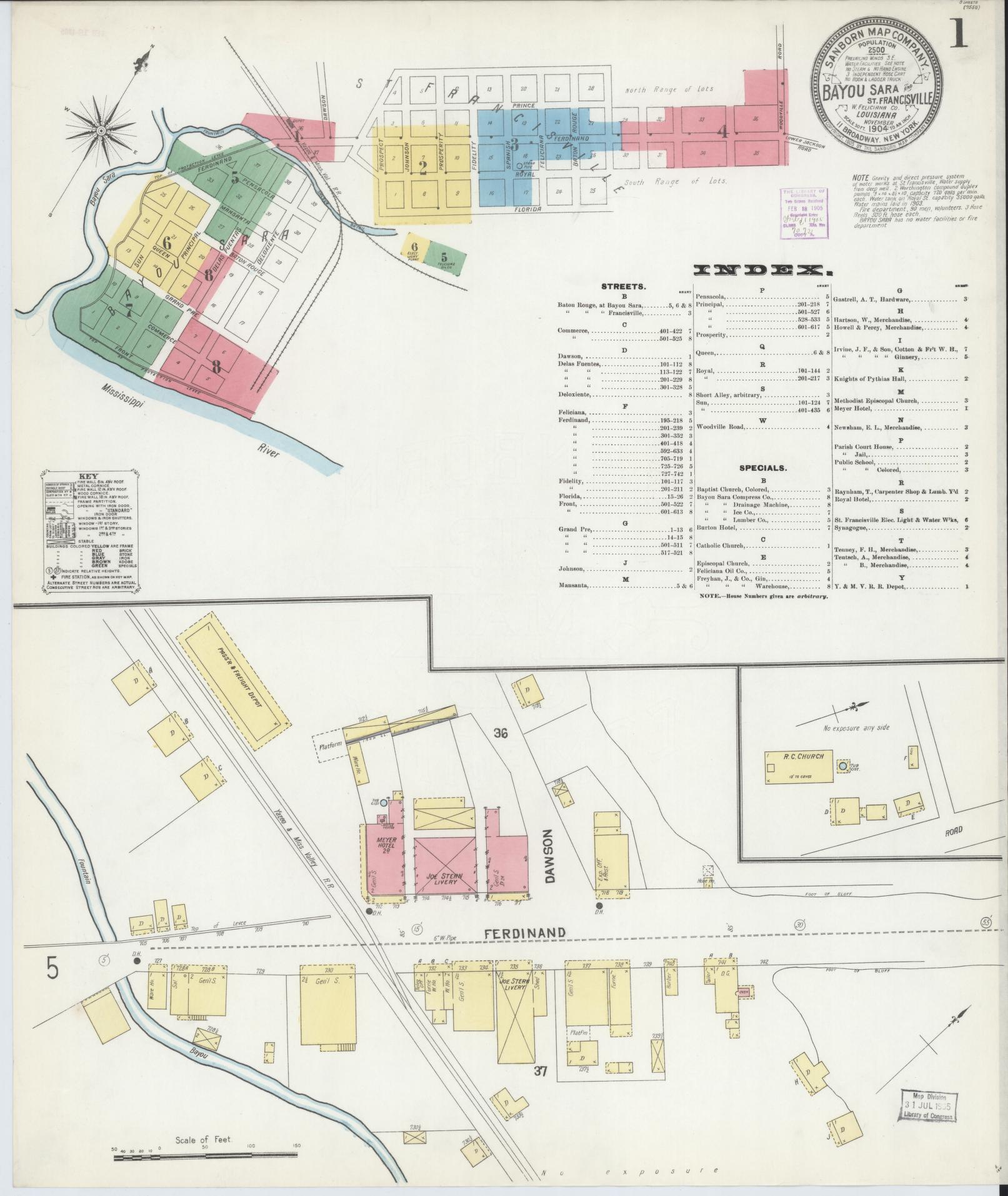 Sanborn Fire Insurance Map from Bayou Sara, West Feliciana Parish, Louisiana (1904), Sheet #0001 - Historic Sanborn Fire Insurance Map Print, vintage old map wall art, antique decor, genealogy gift, Louisiana Louisiana map