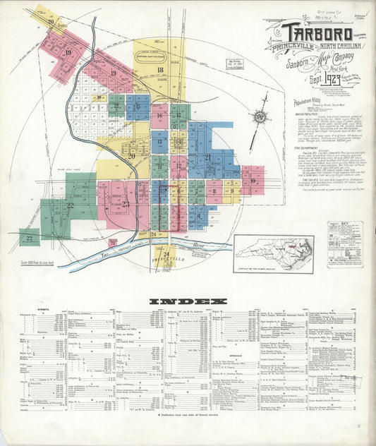 Sanborn Fire Insurance Map from Tarboro, Edgecombe County, North Carolina (1923), Sheet #0001 - Complete Map Set gallery image, historic Sanborn map, vintage wall art, North Carolina North Carolina