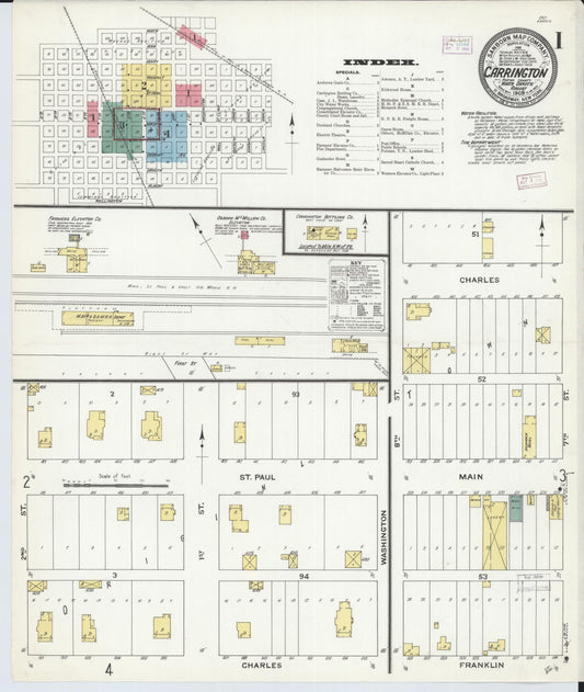 Sanborn Fire Insurance Map from Carrington, Foster County, North Dakota (1909), Sheet #0001 - Complete Map Set gallery image, historic Sanborn map, vintage wall art, North Dakota North Dakota