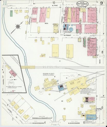 Sanborn Fire Insurance Map from Hattiesburg, Forrest County, Mississippi (1910), Sheet #0009 - Complete Map Set gallery image, historic Sanborn map, vintage wall art, Mississippi Mississippi
