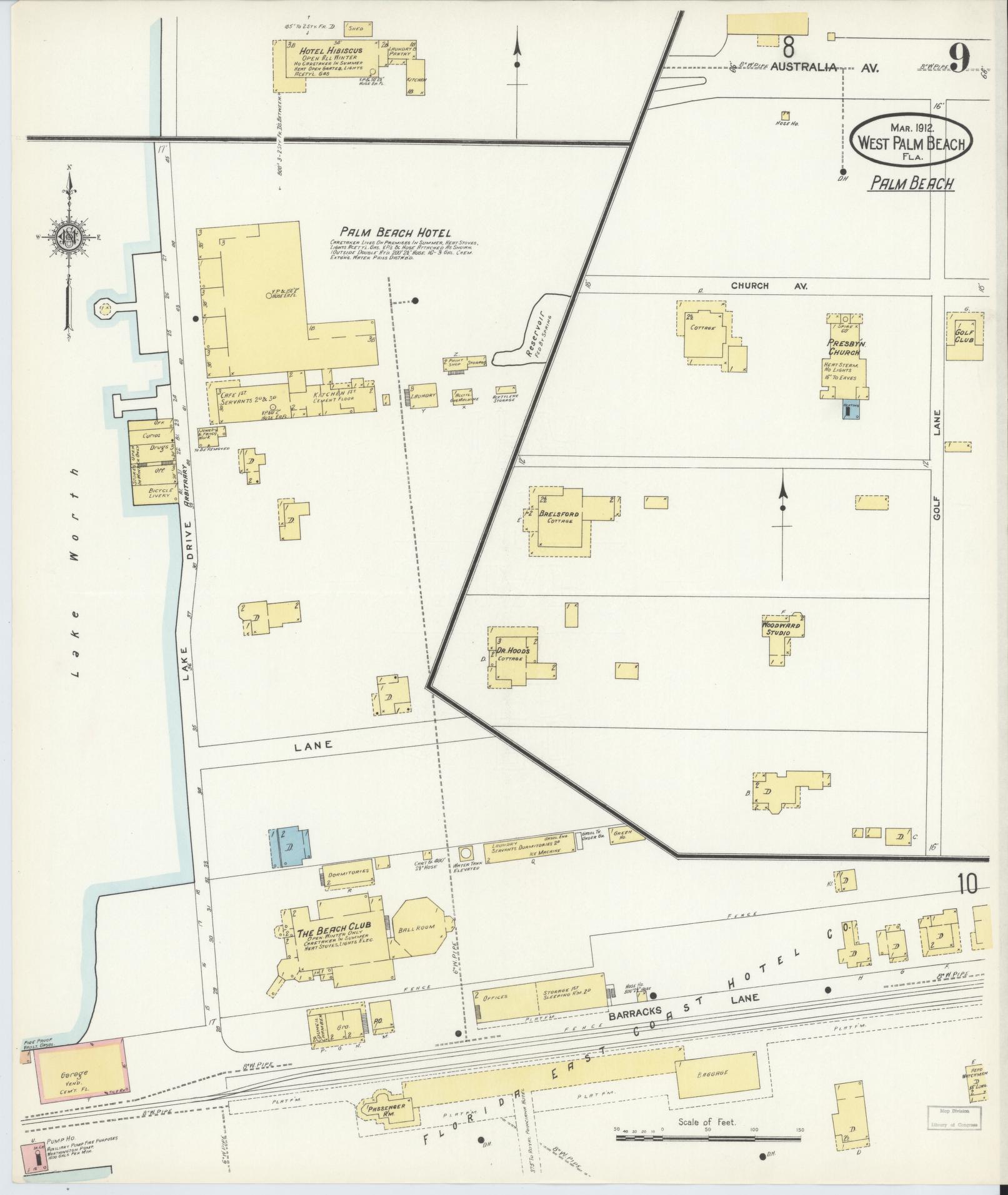 Sanborn Fire Insurance Map from West Palm Beach, Dade County, Florida (1912), Sheet #0009 - Complete Map Set gallery image, historic Sanborn map, vintage wall art, Florida Florida