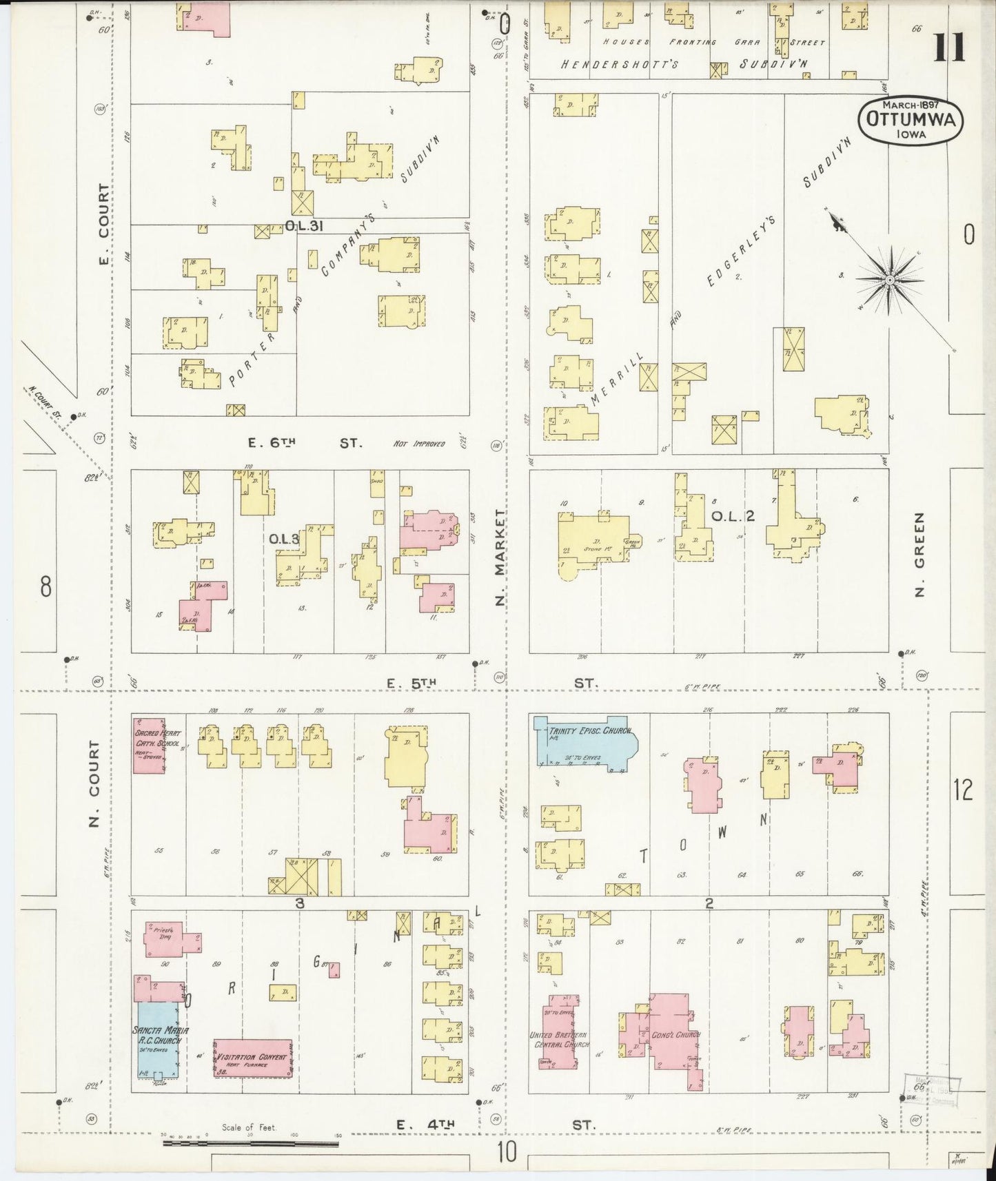Sanborn Fire Insurance Map from Ottumwa, Wapello County, Iowa (1897), Sheet #0011 - Historic Sanborn Fire Insurance Map Print, vintage old map wall art