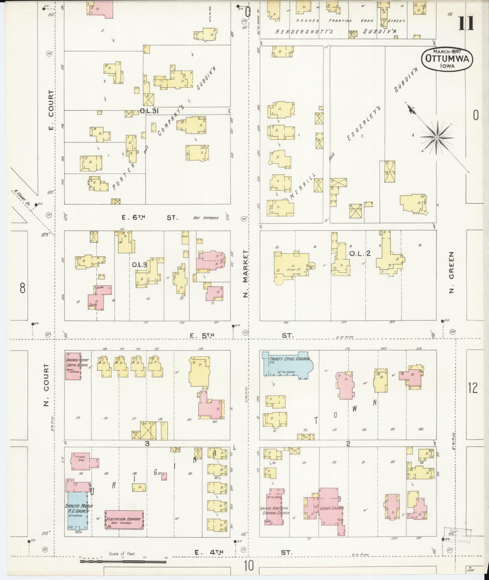 Sanborn Fire Insurance Map from Ottumwa, Wapello County, Iowa (1897), Sheet #0011 - Historic Sanborn Fire Insurance Map Print, vintage old map wall art