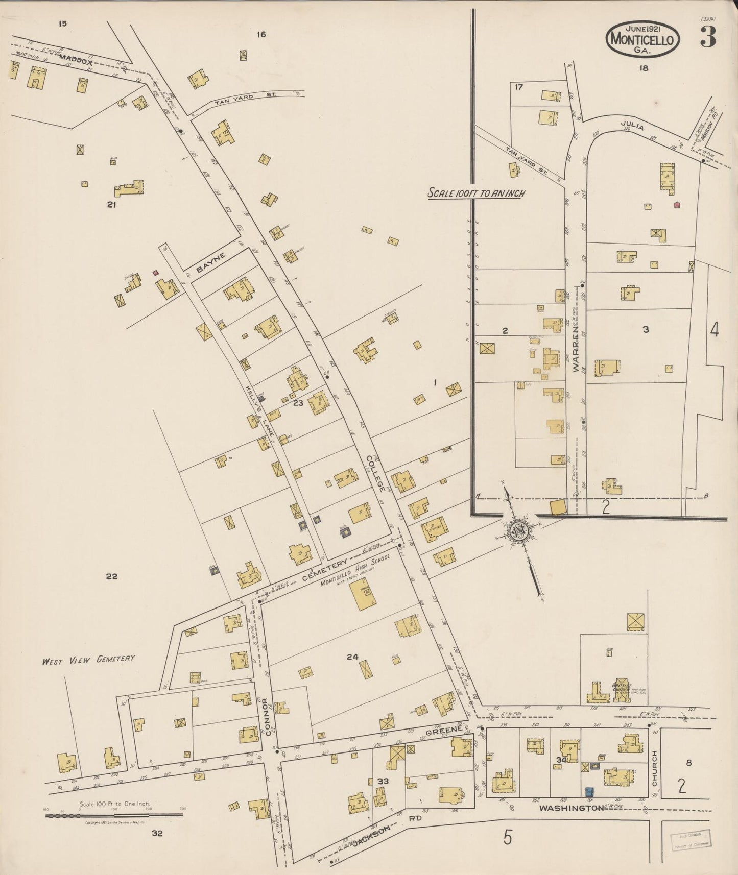 Sanborn Fire Insurance Map from Monticello, Jasper County, Georgia (1921), Sheet #0003 - Historic Sanborn Fire Insurance Map Print, vintage old map wall art, antique decor, genealogy gift, Georgia Georgia map