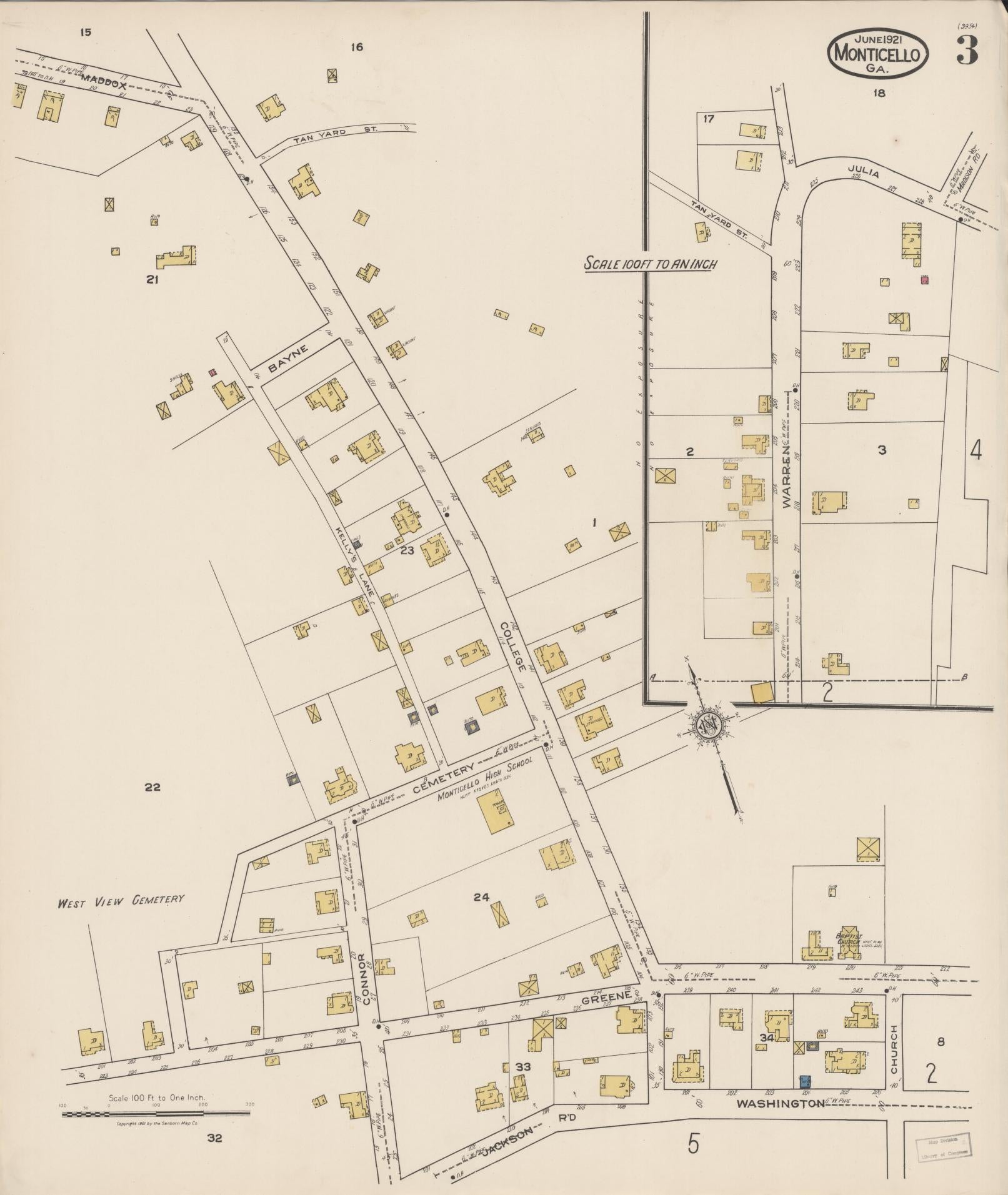 Sanborn Fire Insurance Map from Monticello, Jasper County, Georgia (1921), Sheet #0003 - Historic Sanborn Fire Insurance Map Print, vintage old map wall art, antique decor, genealogy gift, Georgia Georgia map