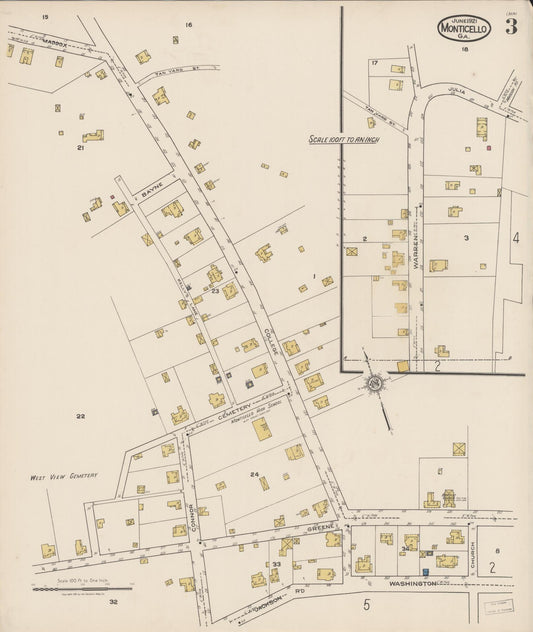 Sanborn Fire Insurance Map from Monticello, Jasper County, Georgia (1921), Sheet #0003 - Historic Sanborn Fire Insurance Map Print, vintage old map wall art, antique decor, genealogy gift, Georgia Georgia map