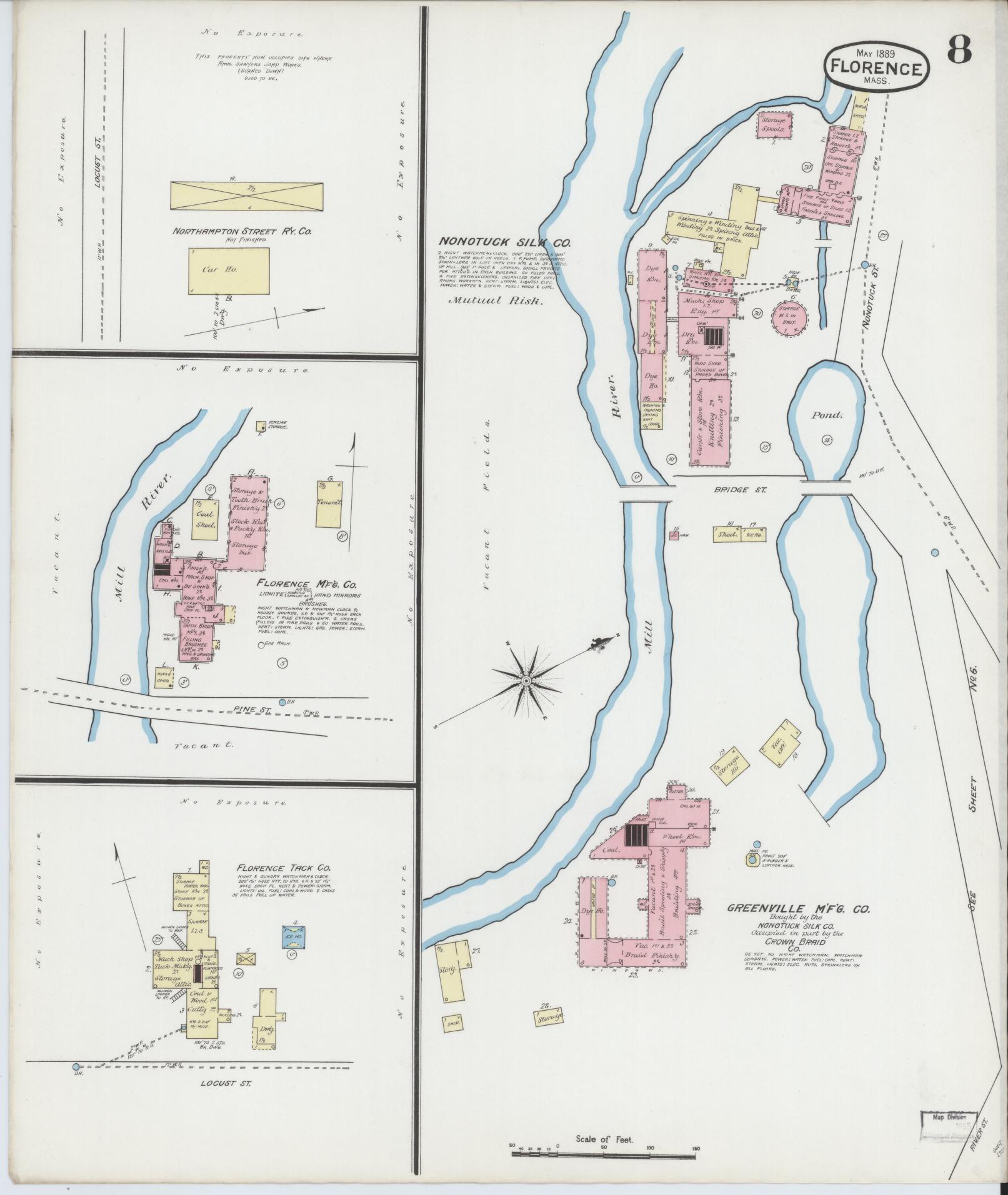 Sanborn Fire Insurance Map from Florence, Hampshire County, Massachusetts (1889), Sheet #0008 - Historic Sanborn Fire Insurance Map Print, vintage old map wall art, antique decor, genealogy gift, Massachusetts Massachusetts map