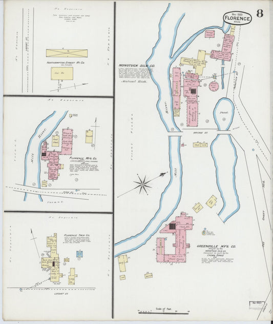 Sanborn Fire Insurance Map from Florence, Hampshire County, Massachusetts (1889), Sheet #0008 - Historic Sanborn Fire Insurance Map Print, vintage old map wall art, antique decor, genealogy gift, Massachusetts Massachusetts map