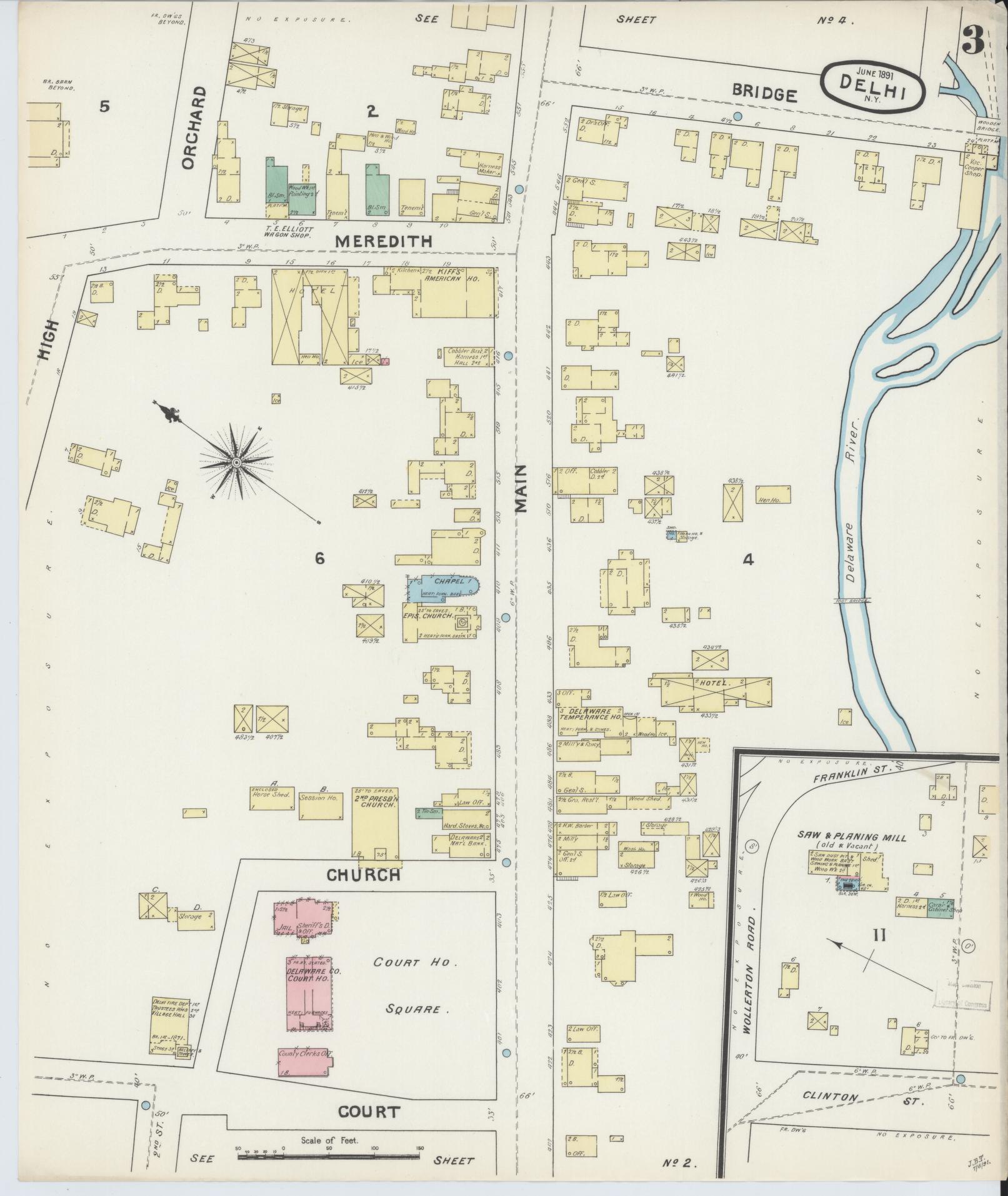 Sanborn Fire Insurance Map from Delhi, Delaware County, New York (1891), Sheet #0003 - Historic Sanborn Fire Insurance Map Print, vintage old map wall art, antique decor, genealogy gift, Delhi Delaware map