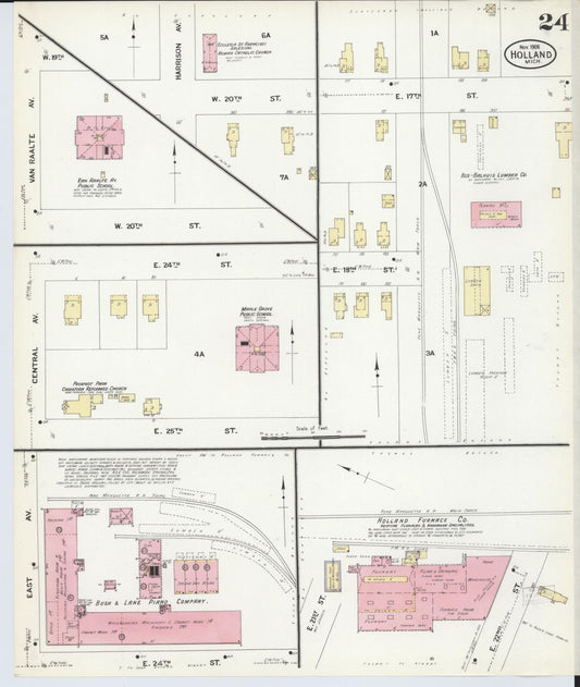 Sanborn Fire Insurance Map from Holland, Ottawa County, Michigan (1908), Sheet #0024 - Historic Sanborn Fire Insurance Map Print, vintage old map wall art, antique decor, genealogy gift, Michigan Michigan map